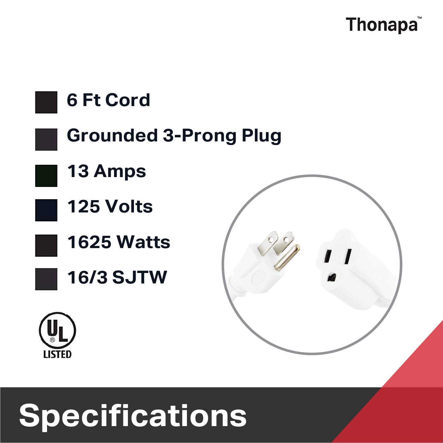 Thonapa 2 Pack White Extension Cord 6 Ft, 16/3 Sjtw Weatherproof Indoor & Outdoor Extension Cord 3 Prong Grounded Plug, Heavy Du