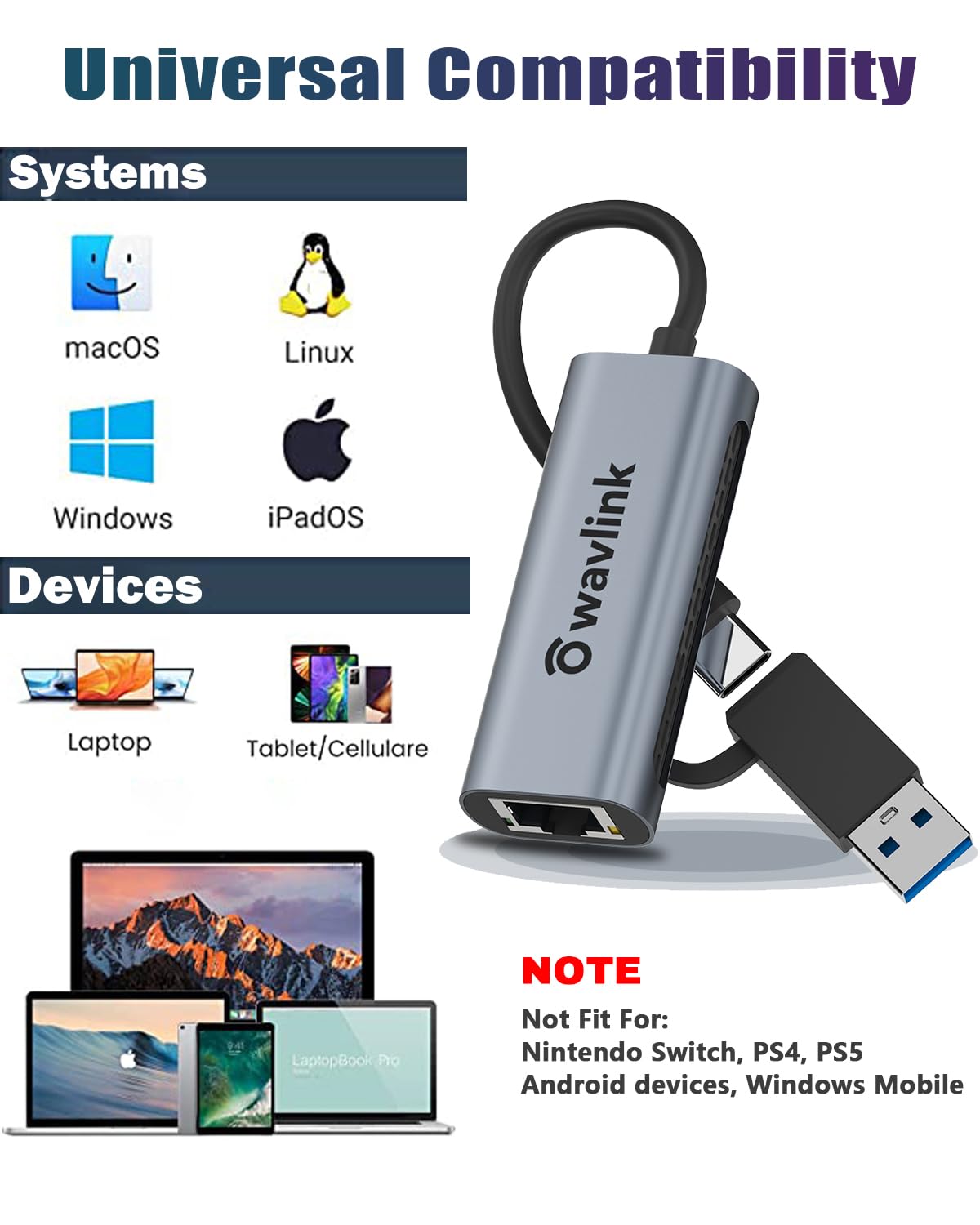 Wavlink Usb C To Ethernet Adapter 2.5 Gbps, 2 In 1 Usb To 2.5G Ethernet Adapter, Usb C To Rj45 Network Converter (Thunderbolt 4/