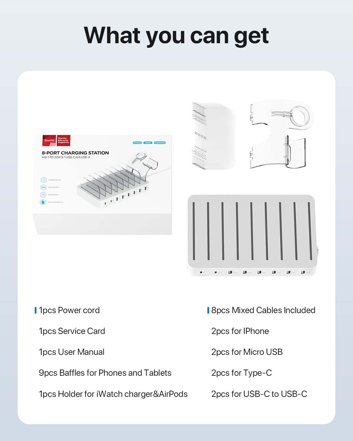 Soopii 8 Port Usb C Charging Station For Multiple Devices, With 1 Pd 20W Port Supports Fast Charging, 8Pcs Mixed Charging Cables