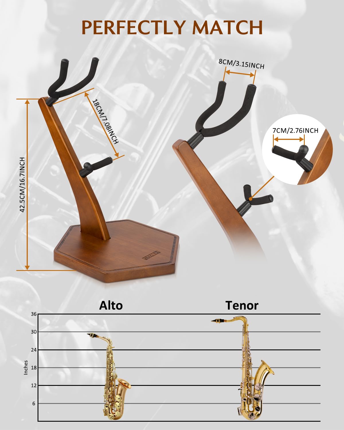 Strich Wooden Saxophone Stand Display For Alto Tenor Sax, Handmade Solid Wood Floor Stand Holder Colour Walnut, Weighted Heavy B