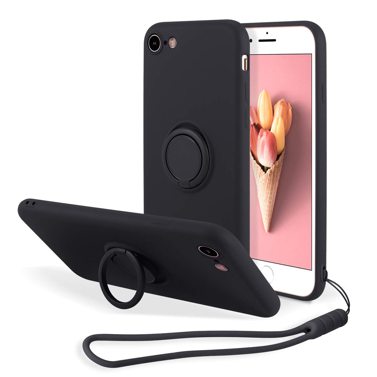 Ueebai Case For Iphone Se 2022 5G/7/8/Se 2020, Slim Liquid Silicone Phone Case With Ring Holder Kickstand Hand Strap Magnetic Ca