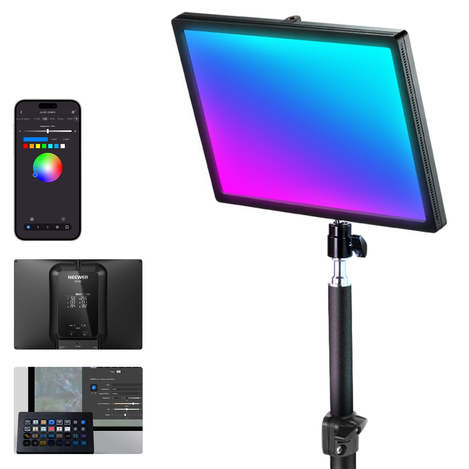 NEEWER GL25C LED RGB Streaming Key Light, APP/PC Control 25W 2500Lux/0.5m 2900K-7000K CRI95+/TLCI97+ Full RGB Dimmable Edge Emit