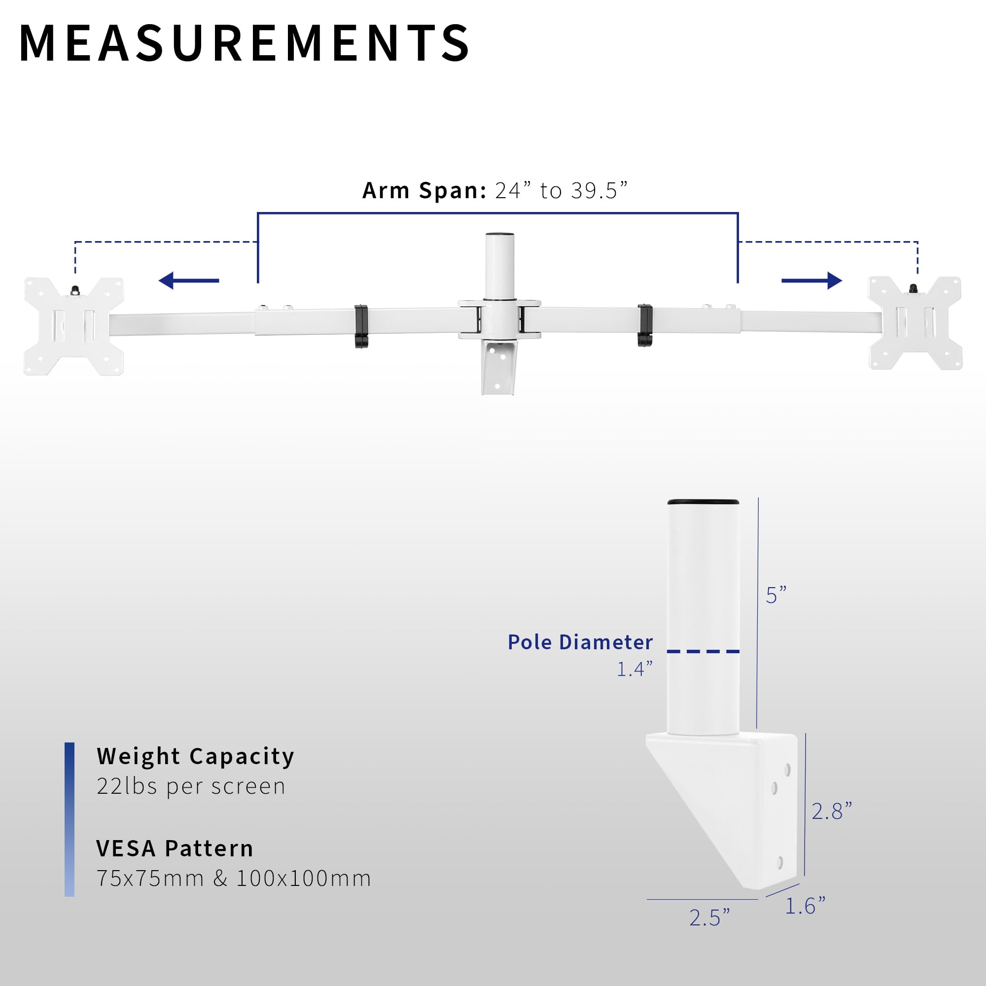 VIVO Premium Dual Ultra Wide LCD LED 27 to 38 inch Monitor Wall Mount, Heavy Duty, Telescoping Arms, Flush Wall Setup, Fits 2 Screens, White, MOUNT TS38W
