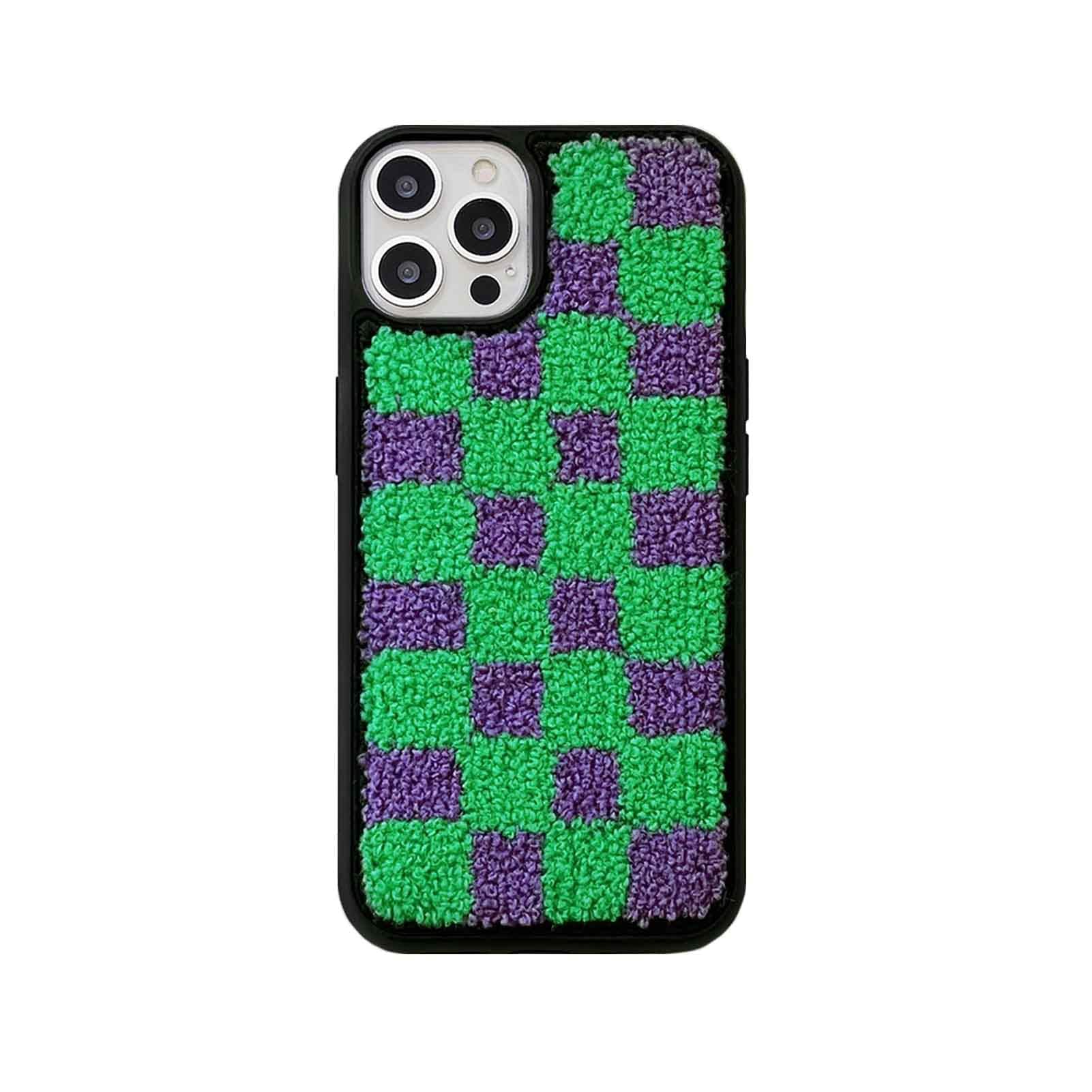 Tewwsdi Checkered Fluffy iPhone 13 Pro Max Case, TPU Terry Velvet Protective Cover, Green Lattice