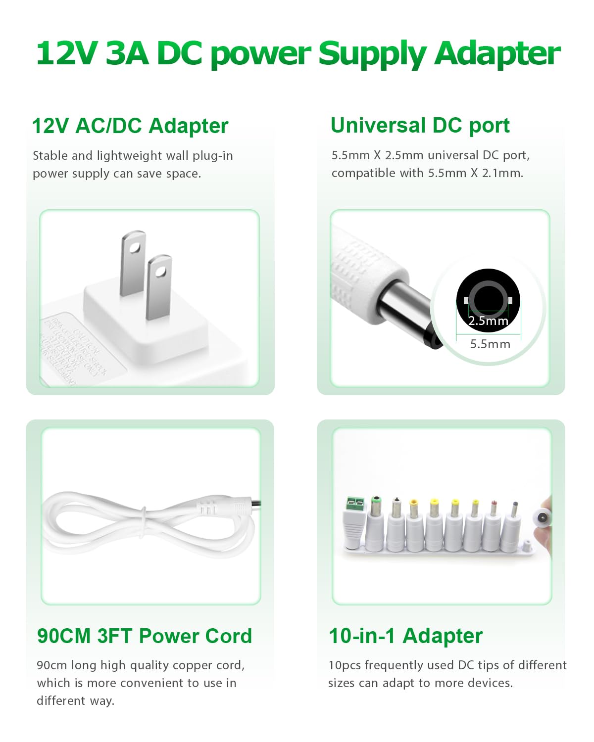 Arkare 12V Dc Power Supply 12V 3A Power Adapter 36W Ac 100V 240V To Dc 12Volt 3Amp Ac/Dc Charger Power Cord 12V 2.5A 2A 1.5A 1A