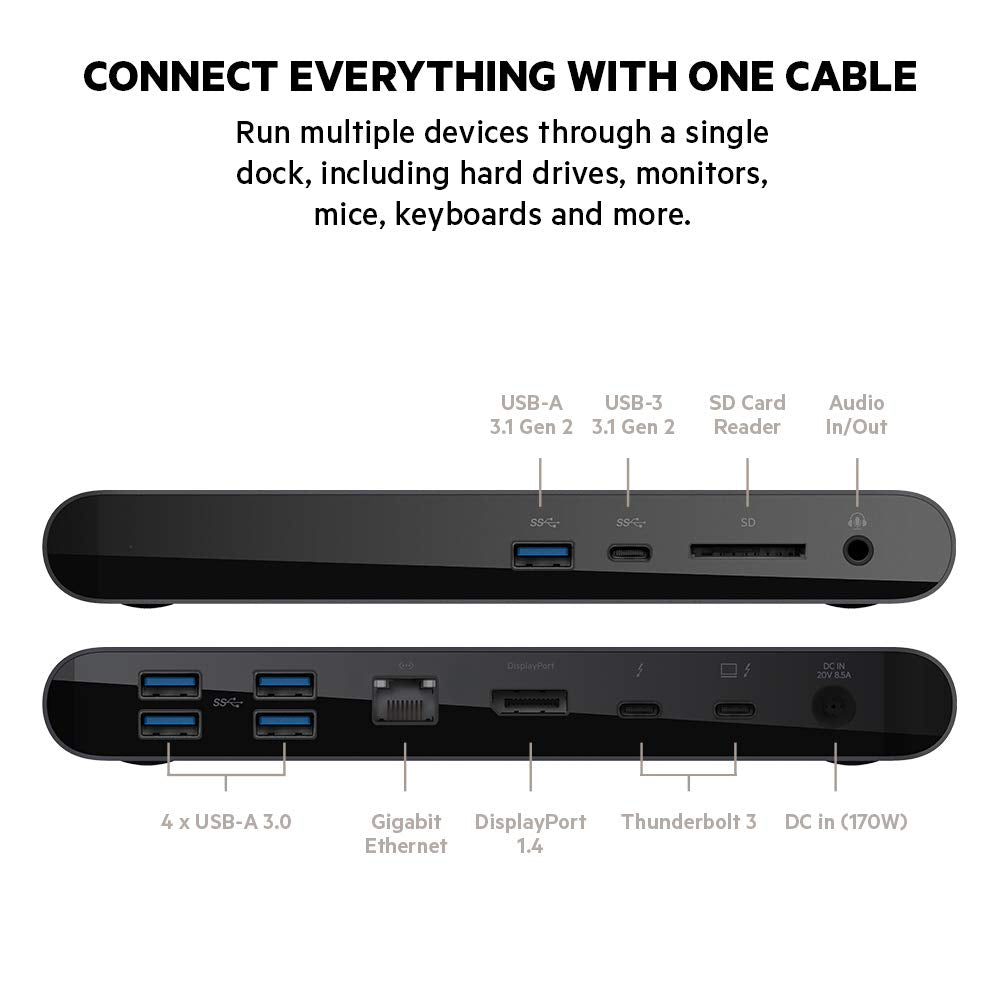 Belkin Thunderbolt 3 Dock Pro W/ Thunderbolt 3 Cable - Usb-C Hub - Usb-C Docking Station For Macos & Windows, Dual 4K @60Hz, 40G
