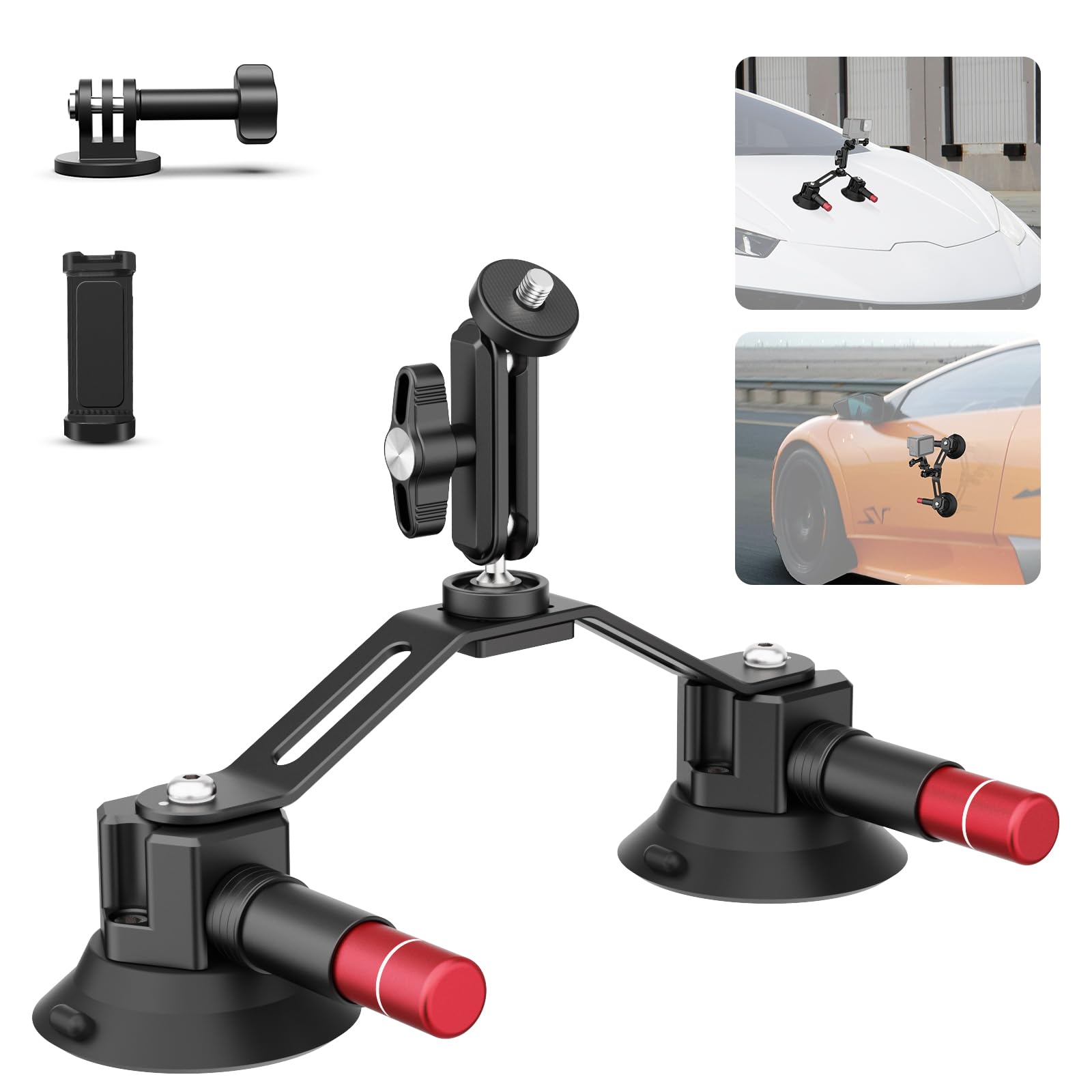 Neewer Dual Suction Cup Car Mount Kit With 360 Ball Head Magic Arm, Quick Release Air Pump Vacuum Camera Mount With Phone Holder