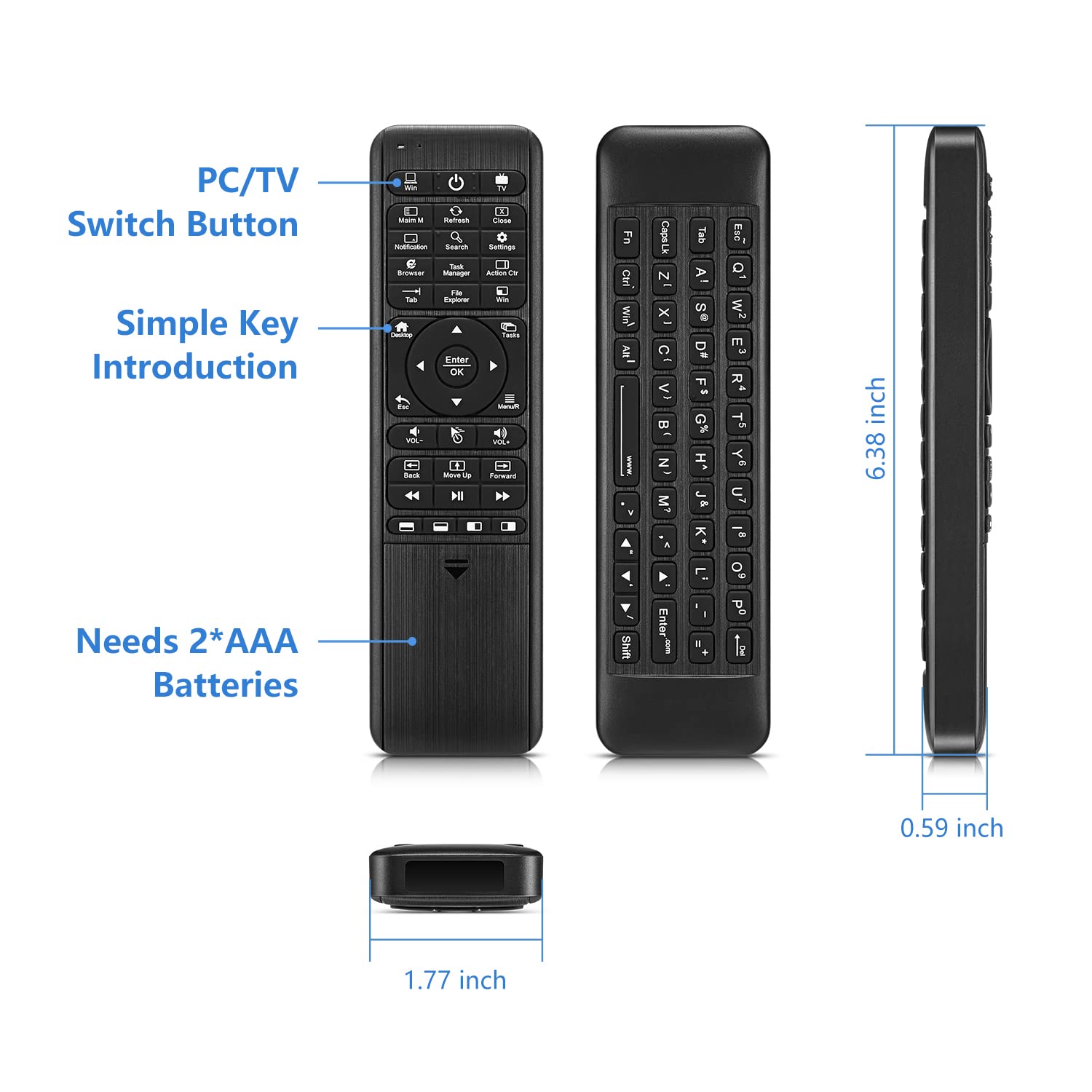 PEPPER JOBS W10 GYRO Air TV Remote with QWERTY Keyboard, LED Backlit, 6-Axis Gyro for Windows 11/10, Mini PC Controller