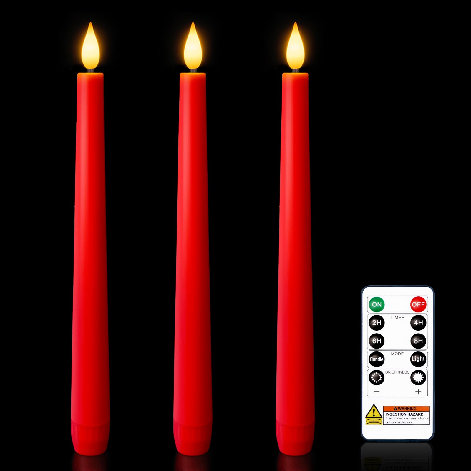 Homemory 3 Pcs Waxy Red Flameless Taper Candles with Remote, Flickering Battery Operated Classic Tall Candles for Xmas, Wedding,
