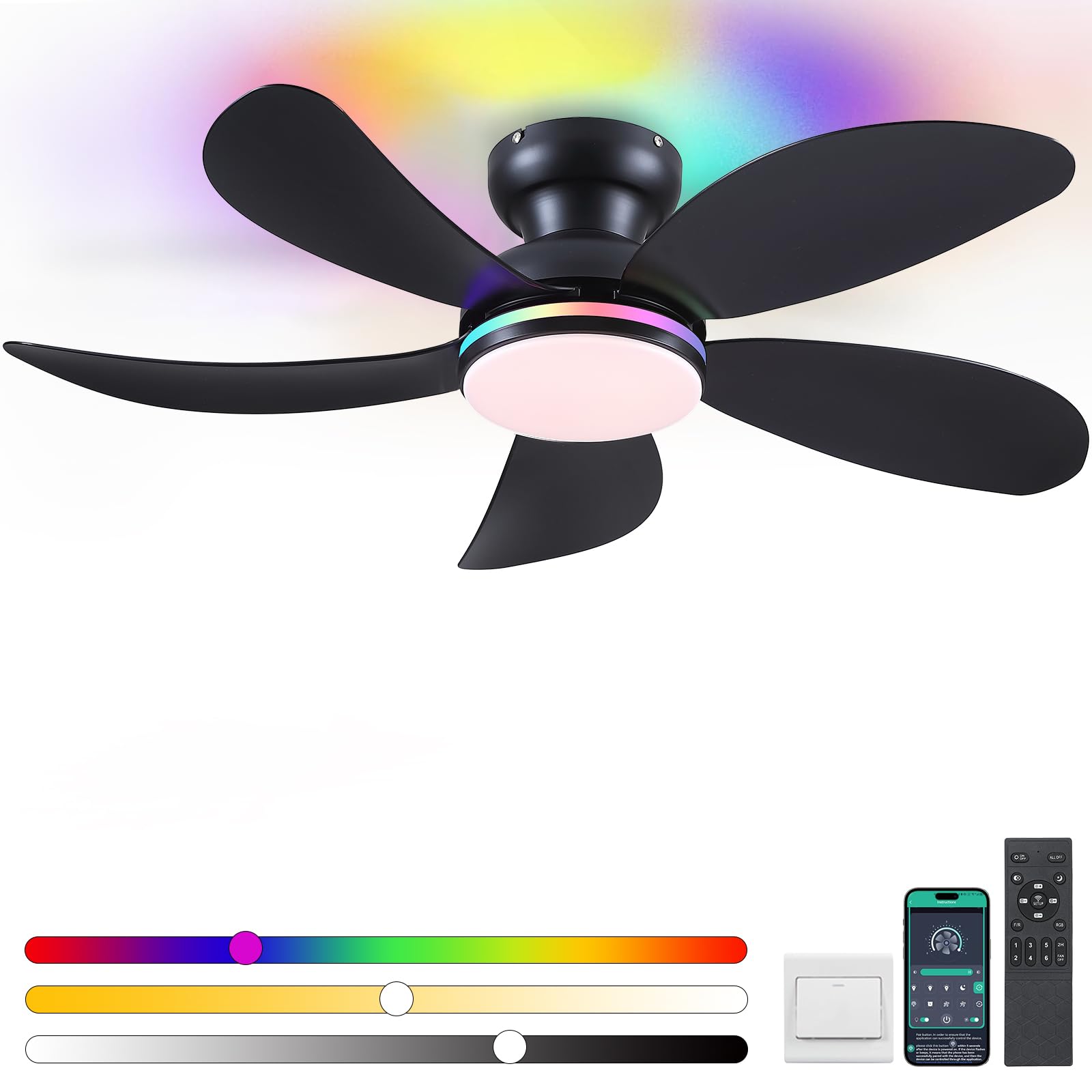 PHORUS 42 Black RGB Ceiling Fans with Lights and Remote/APP,Low Profile Ceiling Fans with Quiet Reversible DC Motor,Small Modern