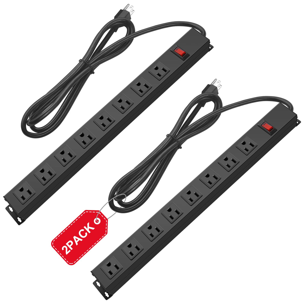 2Pack Metal 8 Outlet Mountable Power Strip, Wall Mount Outlet Power Strip Heavy Duty, Wide Spaced Commercial Shop Power Strip Wi
