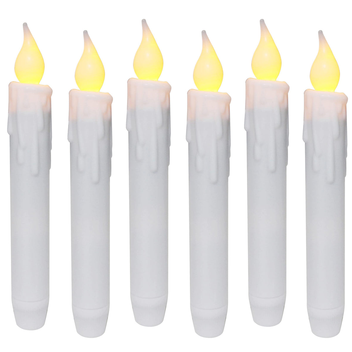 Cvhomedeco. Flickering Taper Candles Led Drip Flameless Candles, Battery Operated With Timer, White, 6-3/4 Inch, Set Of 6