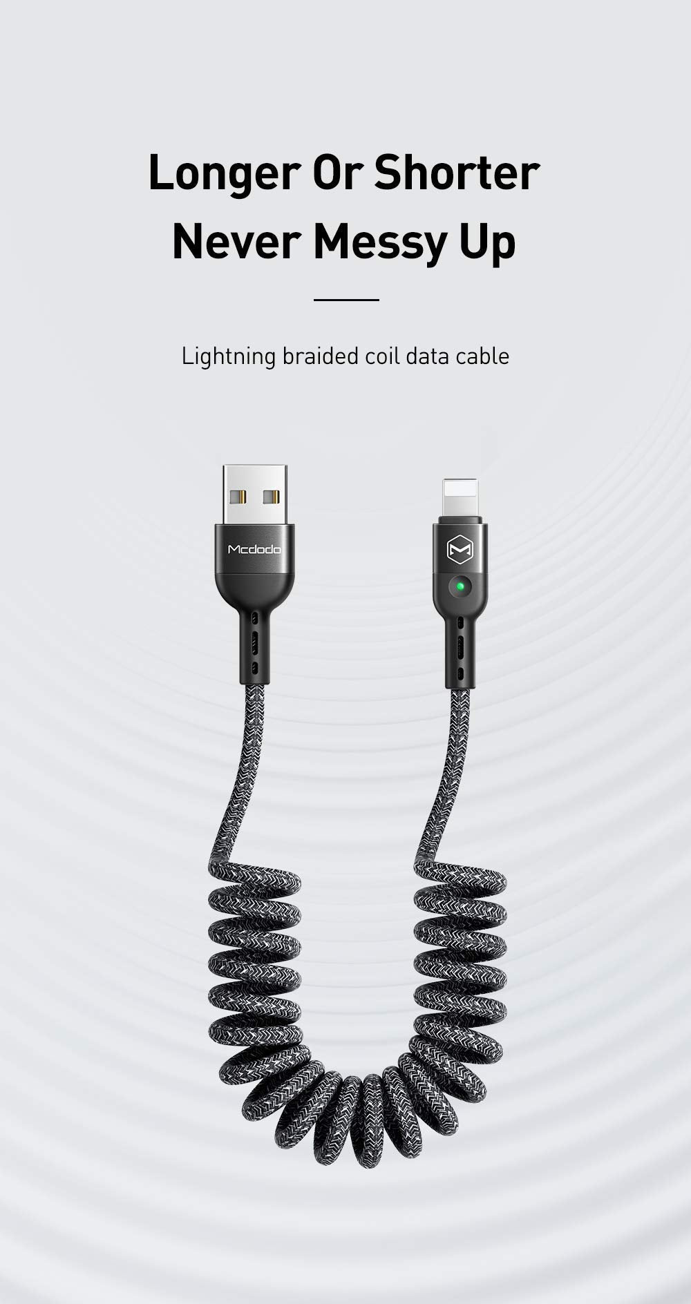 Mcdodo Anti Winding Cable, Led Coiled Cord Nylon Braided Sync Charge Usb Data 6Ft/1.8M Cable Compatible New Phone List Below (Bl
