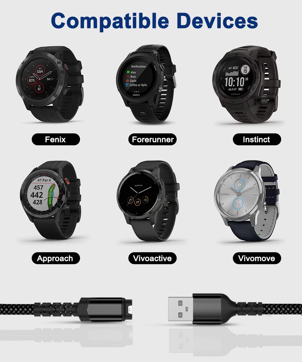 Itramax Garmin Watch Charger Cable 4FT 2Pack - Black Charging Cord for Fenix, Forerunner, Instinct, Vivoactive, Venu, Epix Pro