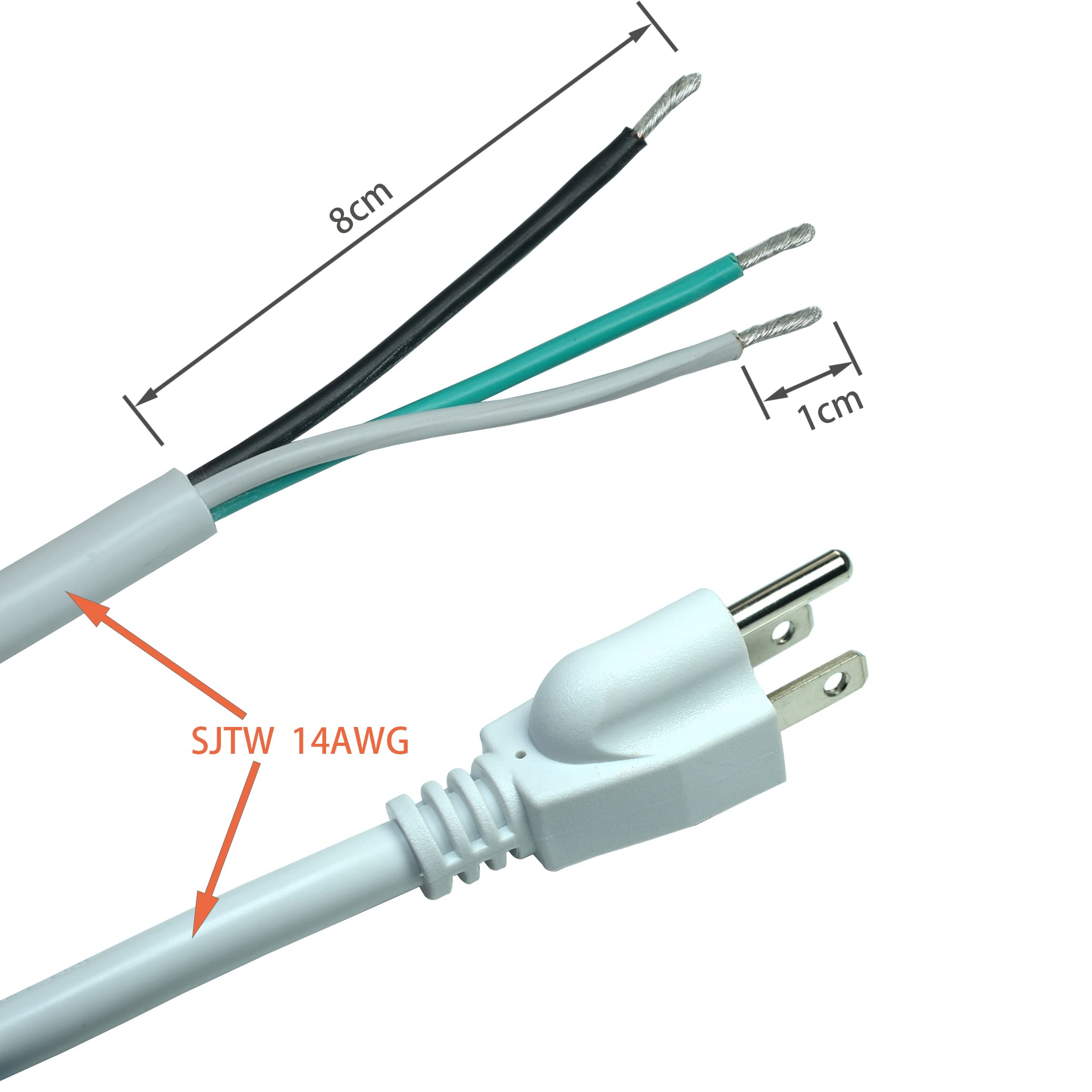 White Sjtw 14Awg 3 Conductor 3 Prong Power Cord With Open Wiring, Nema 5 15P To 3 Wire 15A 125Vac, 6 Ft Replacement Power Cord W