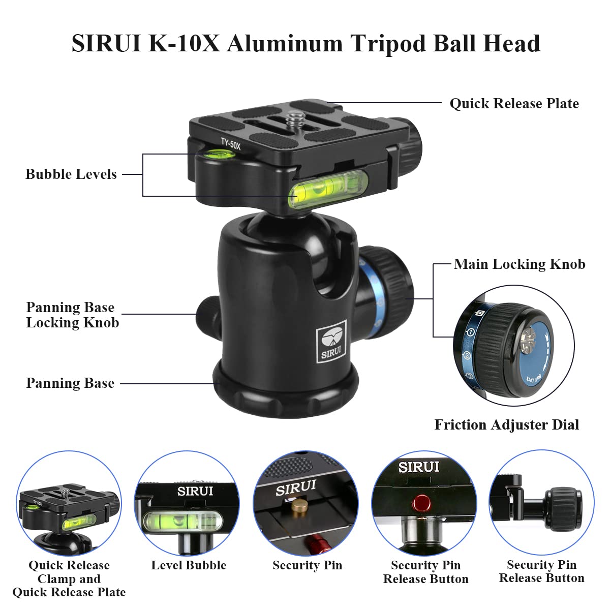 Sirui Kx Series Aluminium Tripod Head Incl. Ty Series Quick Release Plate   Black (K 10X)