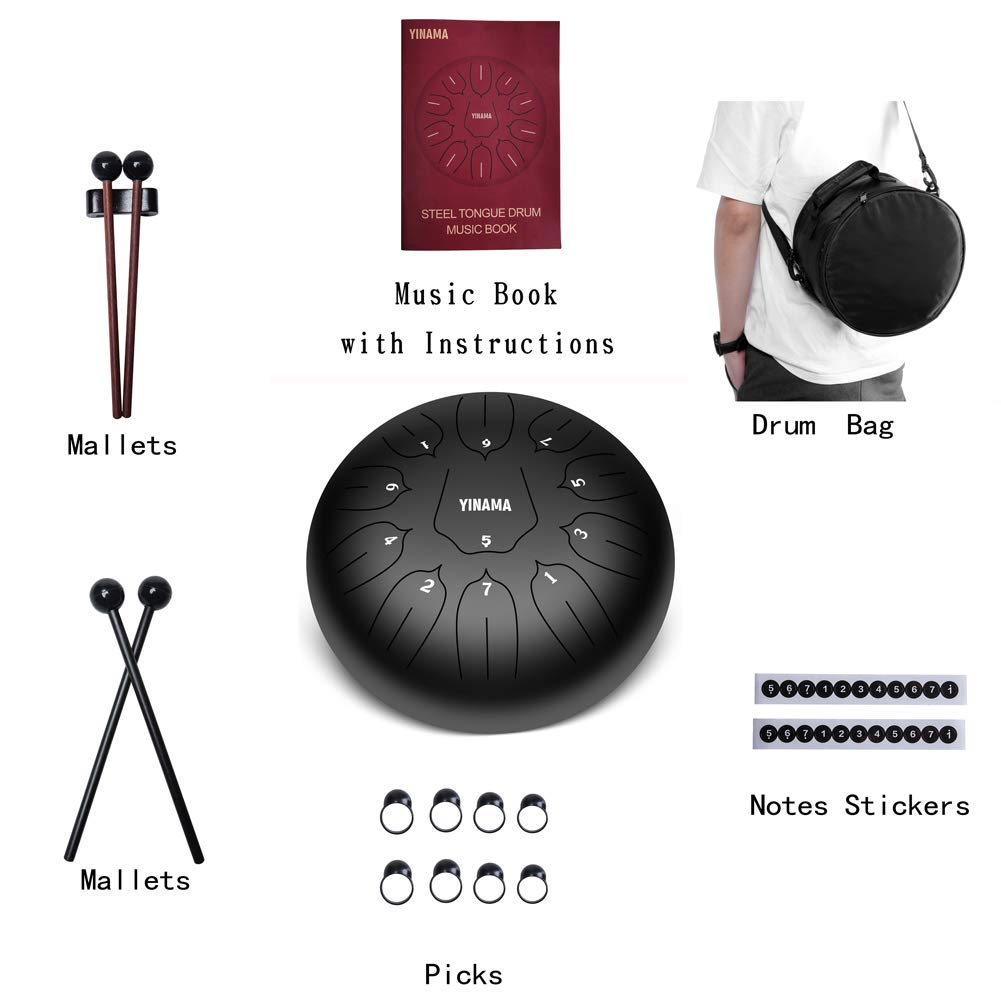 Yinama Steel Tongue Drum Percussion Instrument 11 Notes 12 Inches Black
