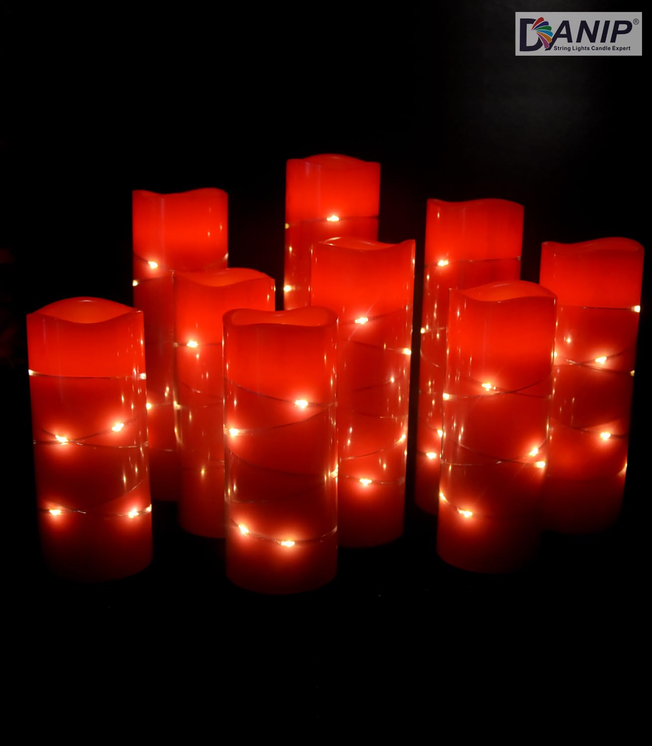 Danip Red Flameless Candle, Built In Star Cluster, 9 Led Candles, 11 Button Remote Control, 24 Hour Cycle Timer, Flashing Flame,