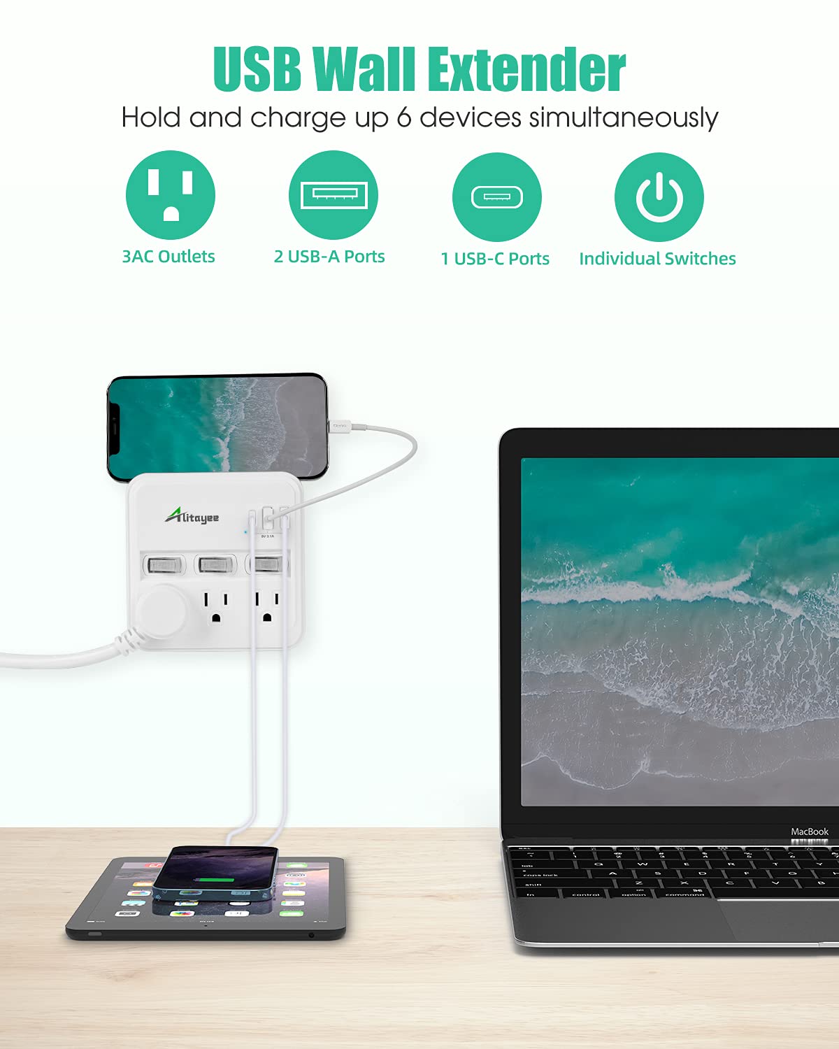 Alitayee Wall Outlet Extender Surge Protector, Usb Power Strips With Individual Switches And 15.5W Type C Fast Charging Ports Fo