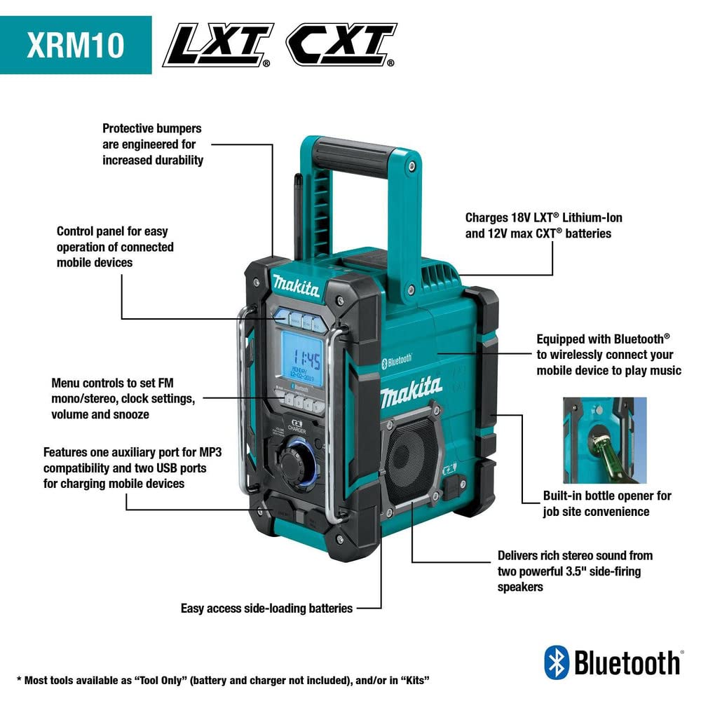 Makita Xrm10 18V Lxt / 12V Max Cxt Lithium-Ion Cordless Bluetooth Job Site Charger/Radio, Tool Only