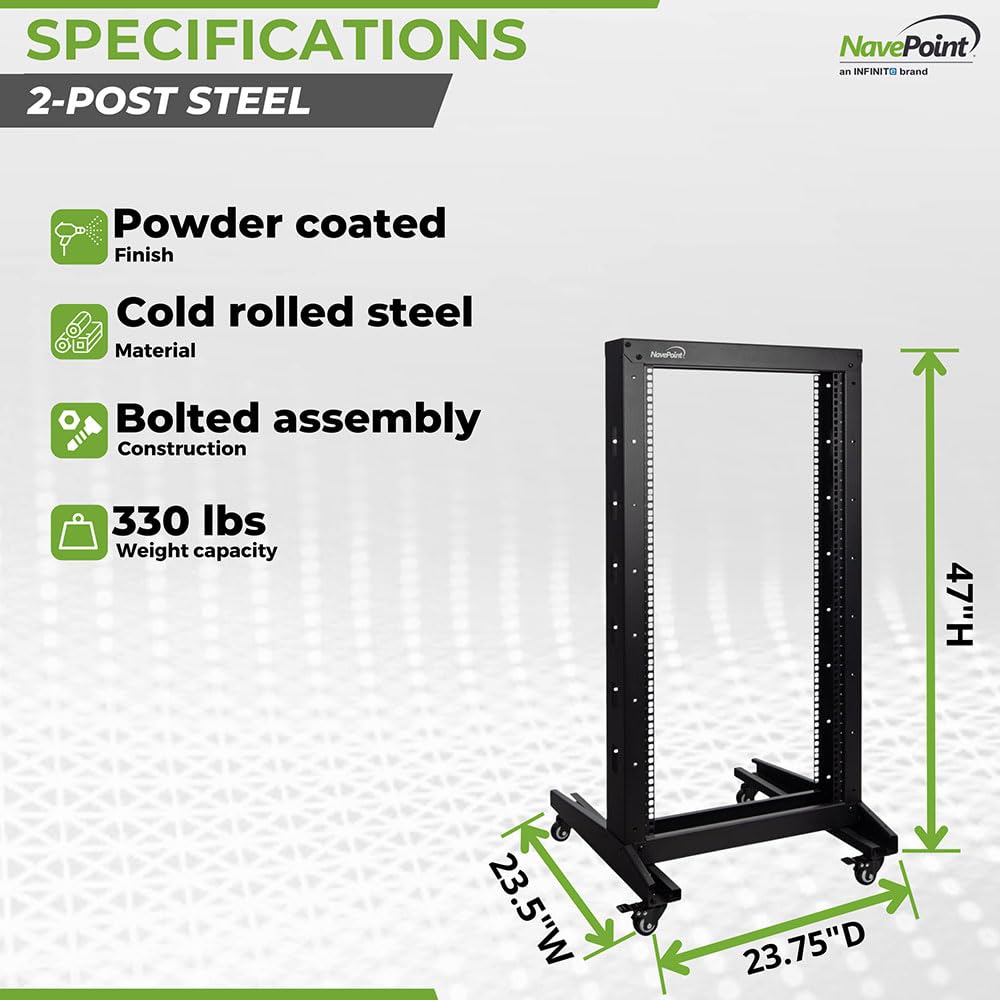 Navepoint 22U 2 Post Open Frame Server Rack With Casters For 19 Inch Equipment, Networking, And It Devices, 2 Post Rack 330Lbs W