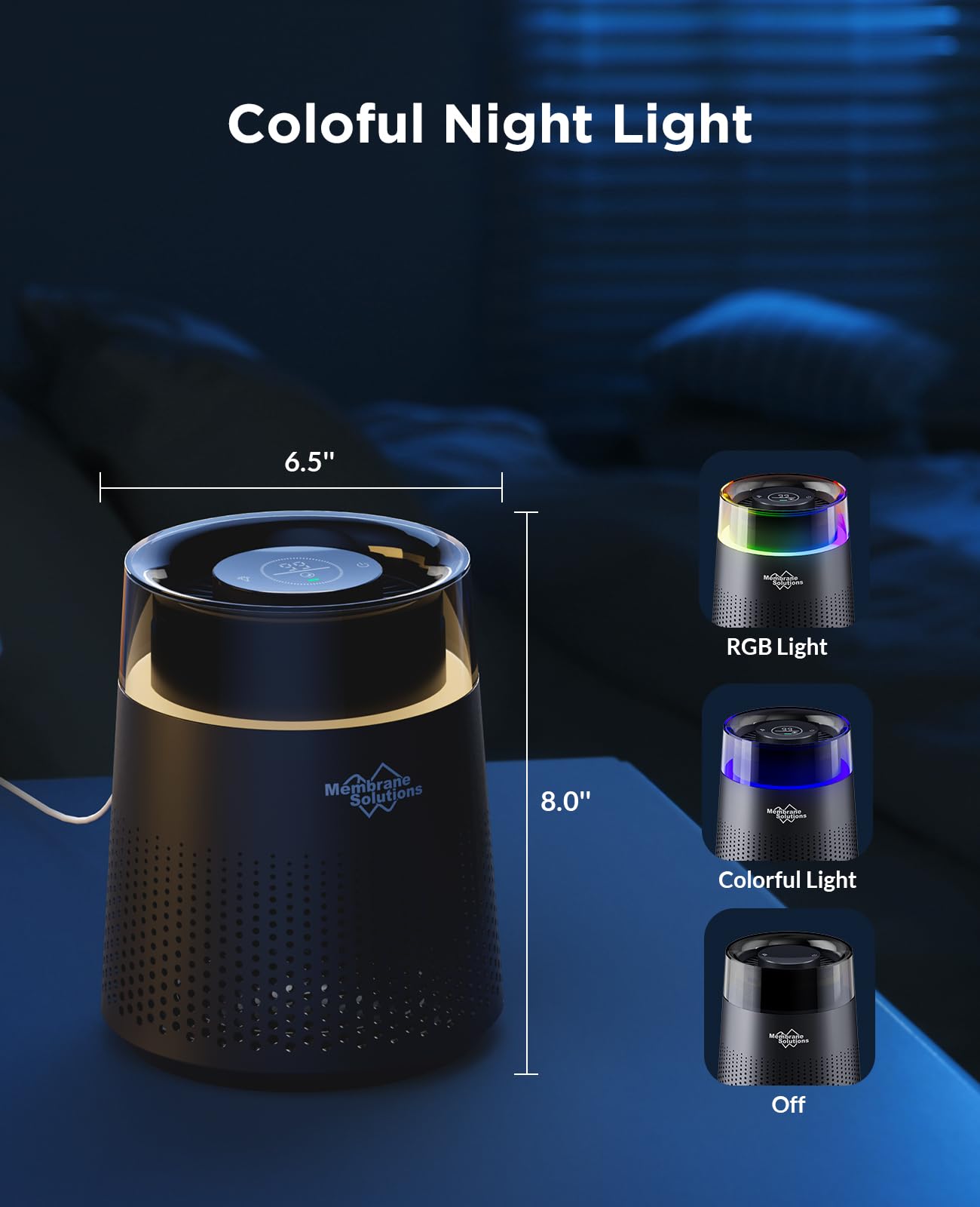 Membrane Solutions MSB5 Air Purifier, H13 True HEPA, 20dB Quiet, Sleep Mode, Colorful Night Light, Black
