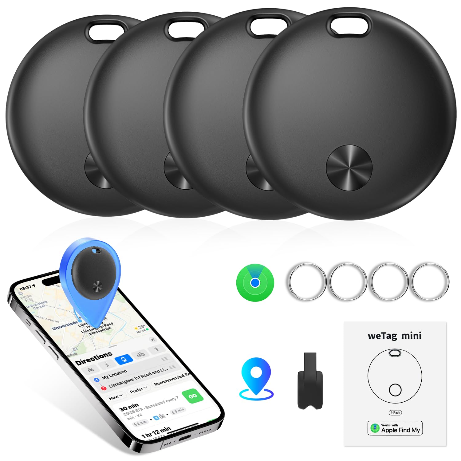 Tracker Tags- 4 Pack, Bluetooth Trackers Works with Apple Find My APP (iOS Only), 92 dB Sound, Replaceable Battery, Smart Tracki