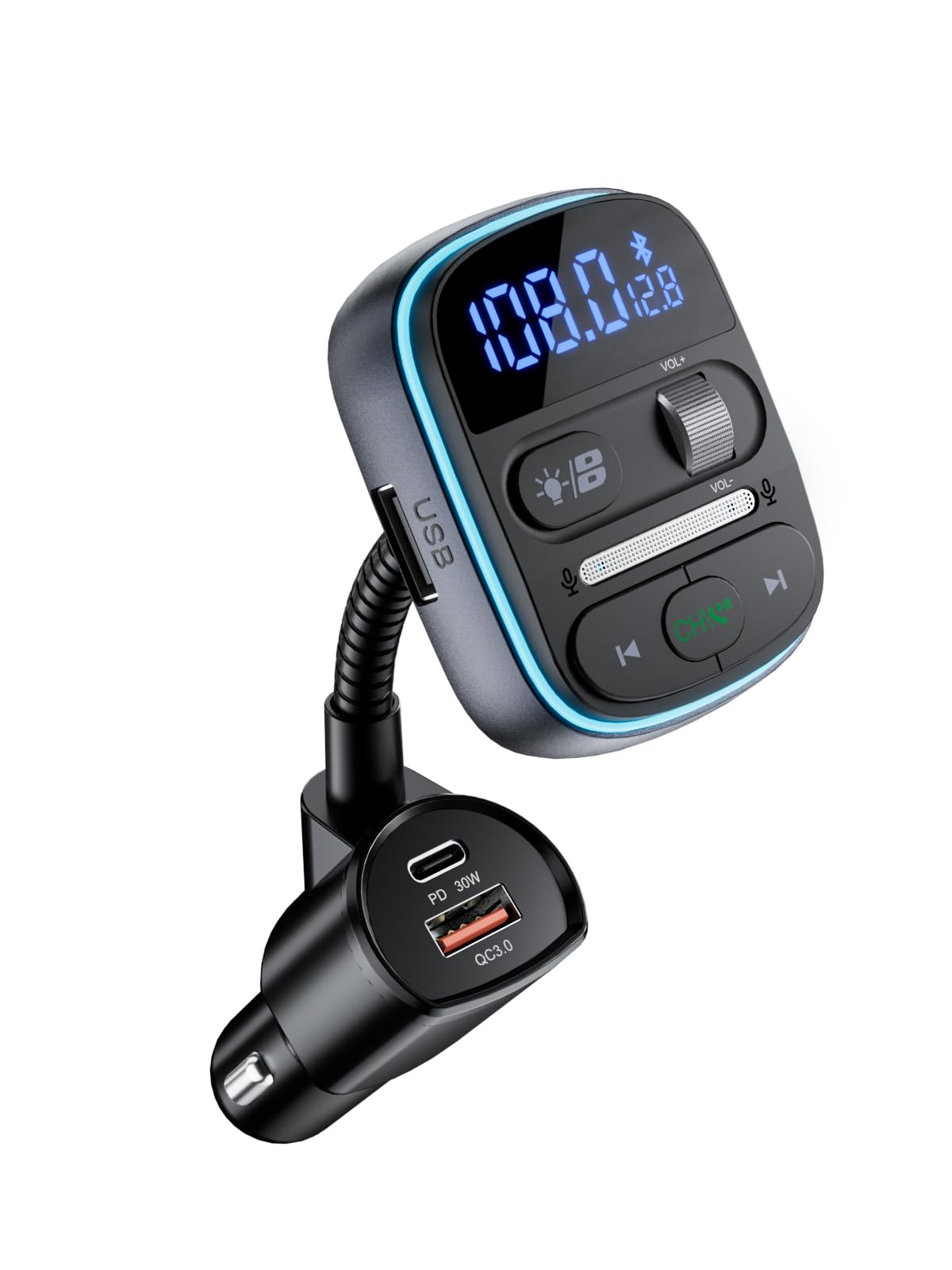 Lencent Bluetooth Fm Transmitter Pd 30W, Bluetooth Car Adapter With Qc3.0 Fast Charger, Hi Fi Bass Music, Wireless Radio Receive