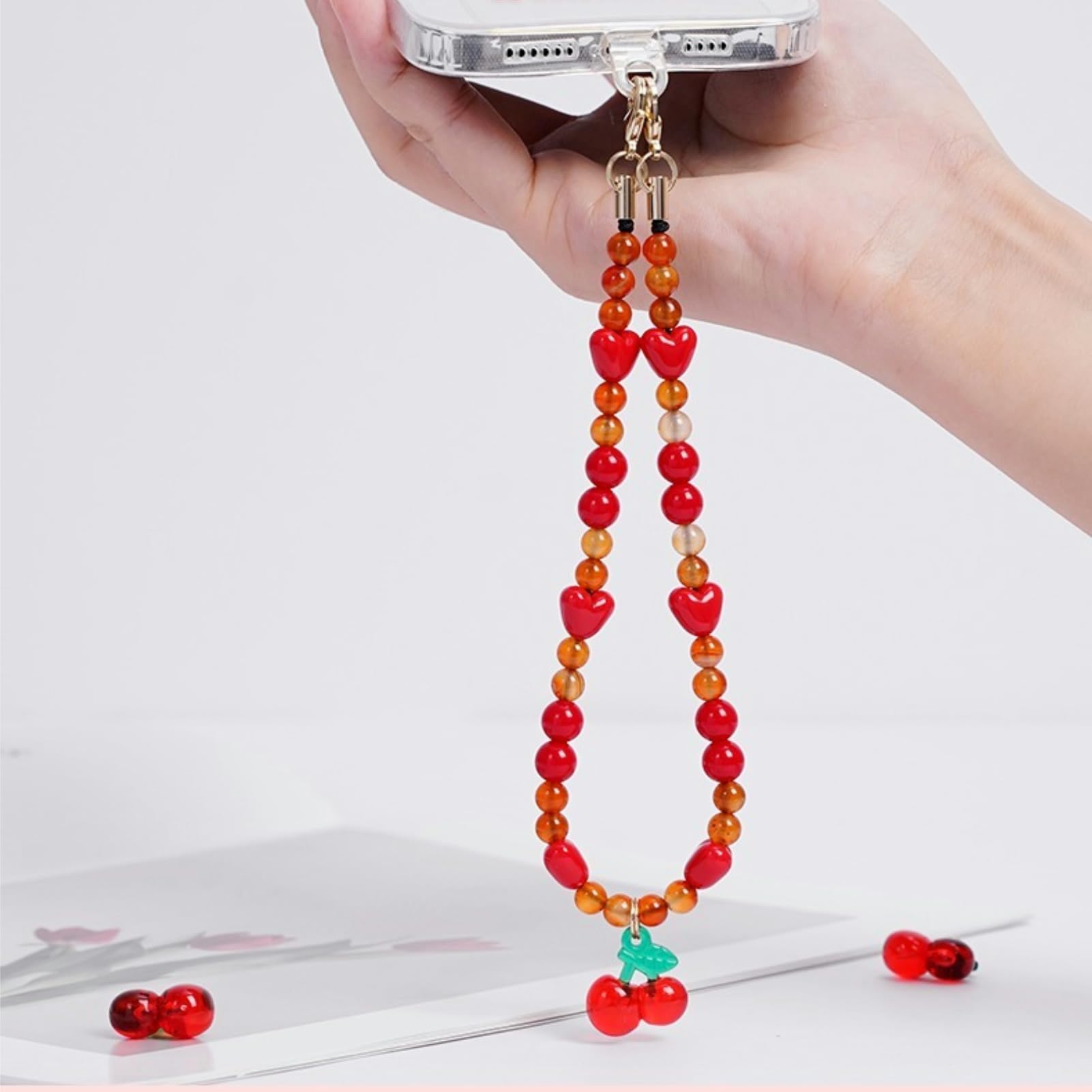 Lostars Marble Beaded Iphone Wrist Strap,Detachable Phone Bracelet Strap With Tether Tab,Hands Free Phone Wristlet Strap (Sweet