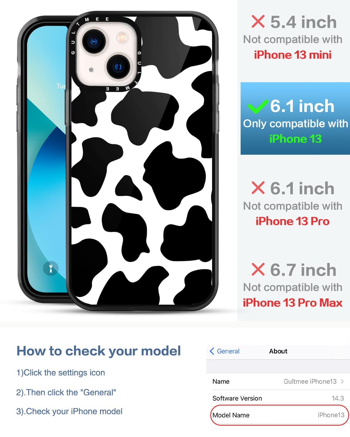 Gultmee [3 In 1 For Iphone 13 Case 6.1 Inch,With Tempered Glass Screen Protector + Camera Lens Protector Cute Cow Print Slim Des