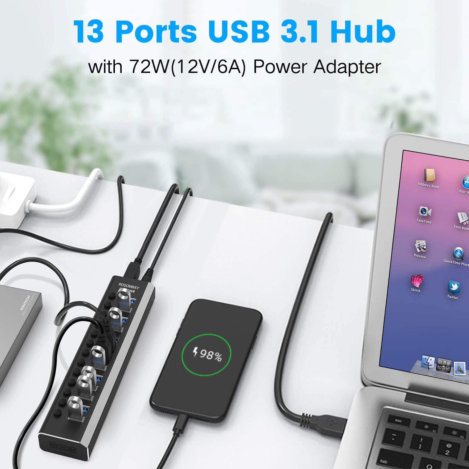 Powered Usb Hub Rosonway Aluminum 13 Port Usb 3.1/3.2 Gen 2 Hub 10Gbps With 72W (12V/6A) Power Adapter And Individual Switches,