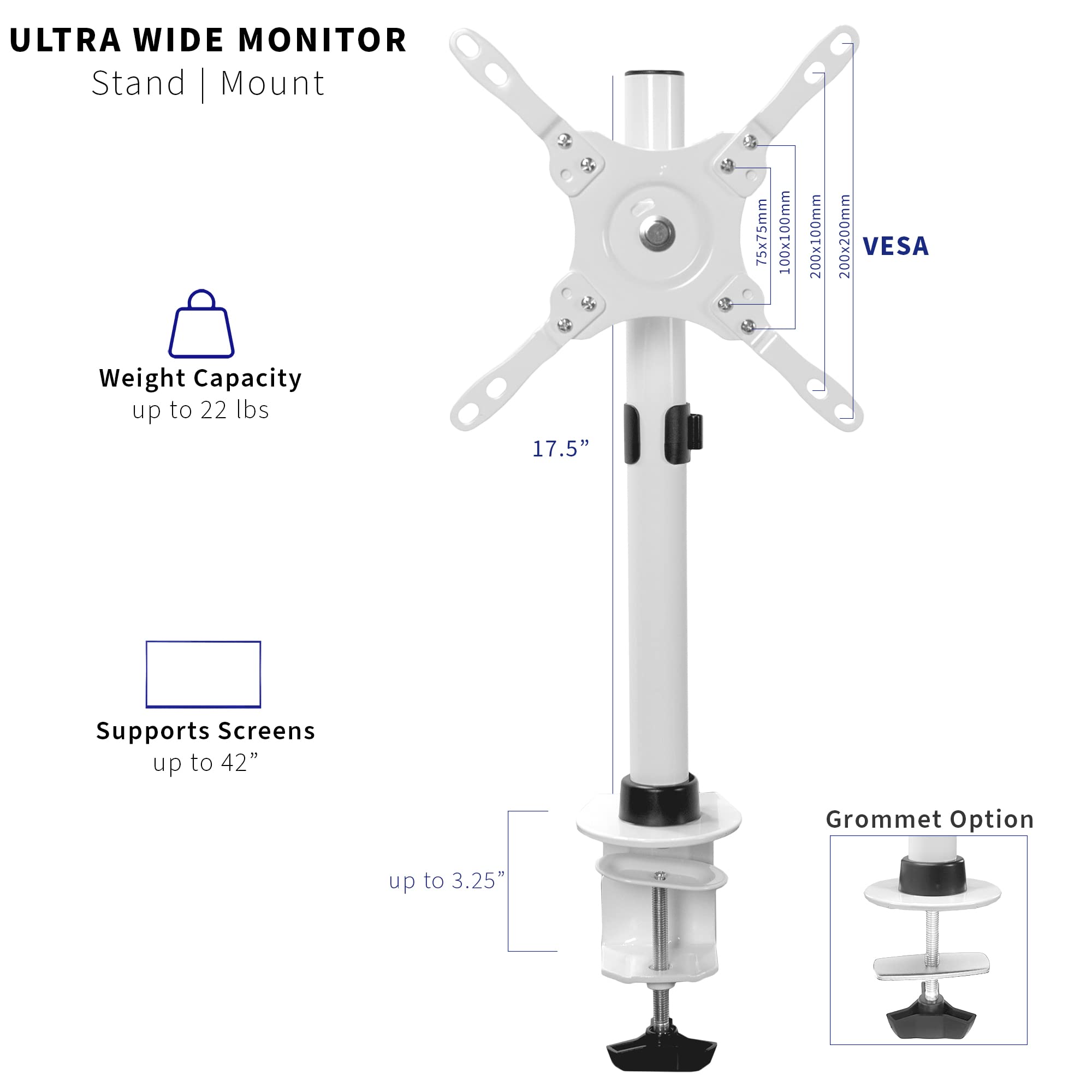 VIVO Ultra Wide Screen TV and Monitor Desk Mount, Adjustable Height and Tilt Stand for Screens up to 42 inches, White, STAND V101CW