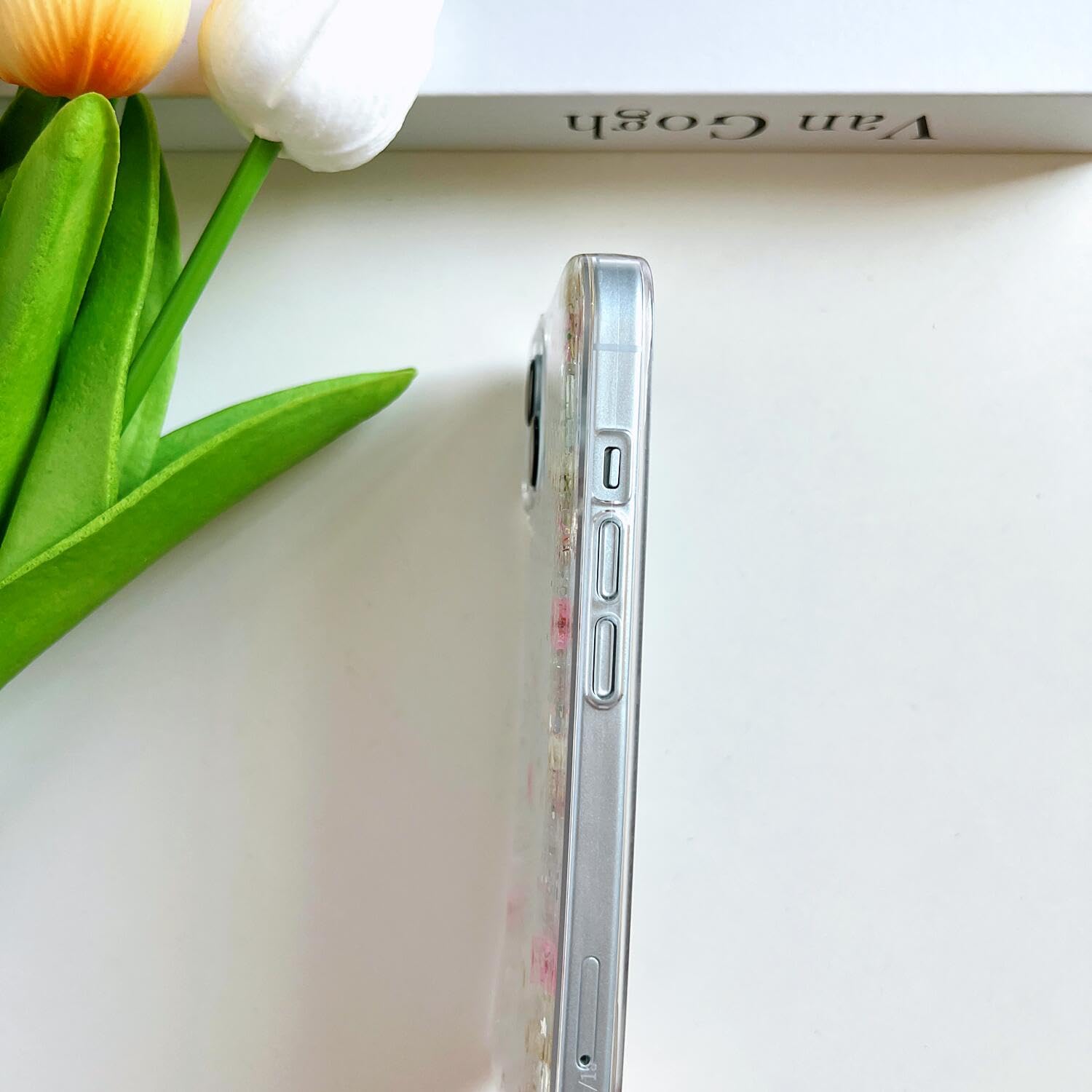 Lseeka For Iphone 14 Plus/Iphone 15 Plus Clear Case With Pressed Real Flowers Design,Glitter Cute Pink Floral Pattern Slim Soft