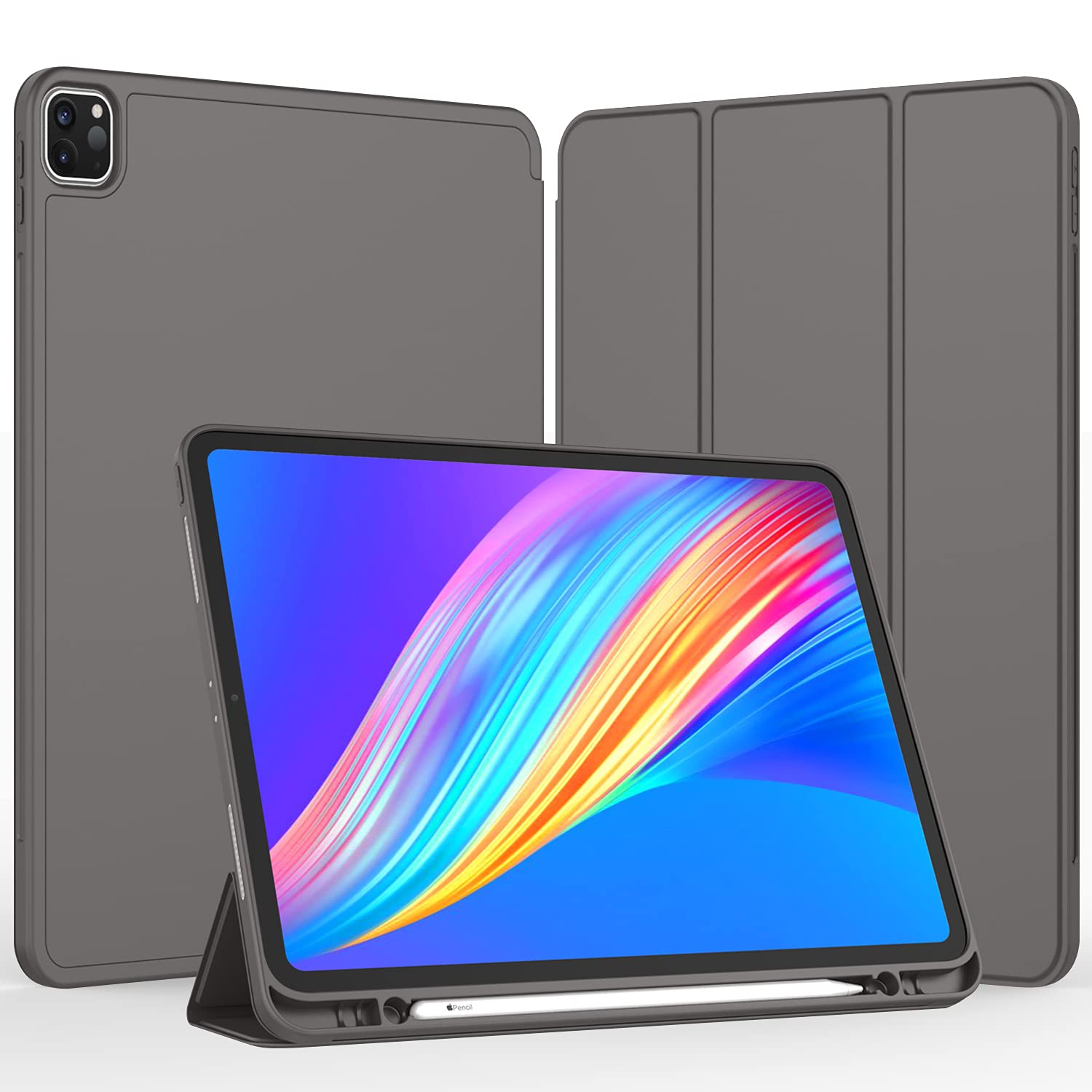 Imieet New Ipad Pro 12.9 Case 2022(6Th Gen)/2021(5Th Gen) With Pencil Holder [Support Ipad 2Nd Pencil Charging/Pair],Trifold Stand Smart Case With Soft Tpu Back,Auto Wake/Sleep(Space Gray)