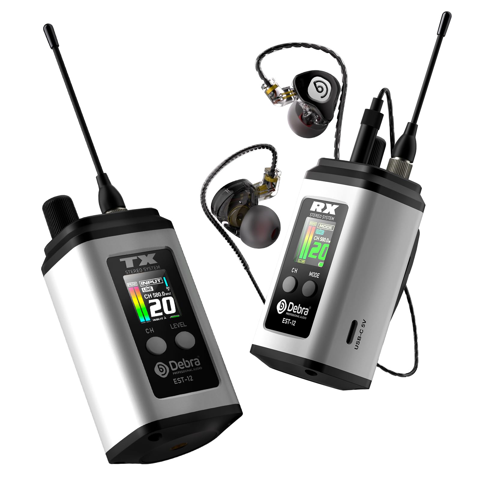 Debra EST-12 Pro UHF Stereo Wireless in Ear Monitor, Wireless IEM, Portable Rechargeable Monitoring System 20 Adjustable Channel