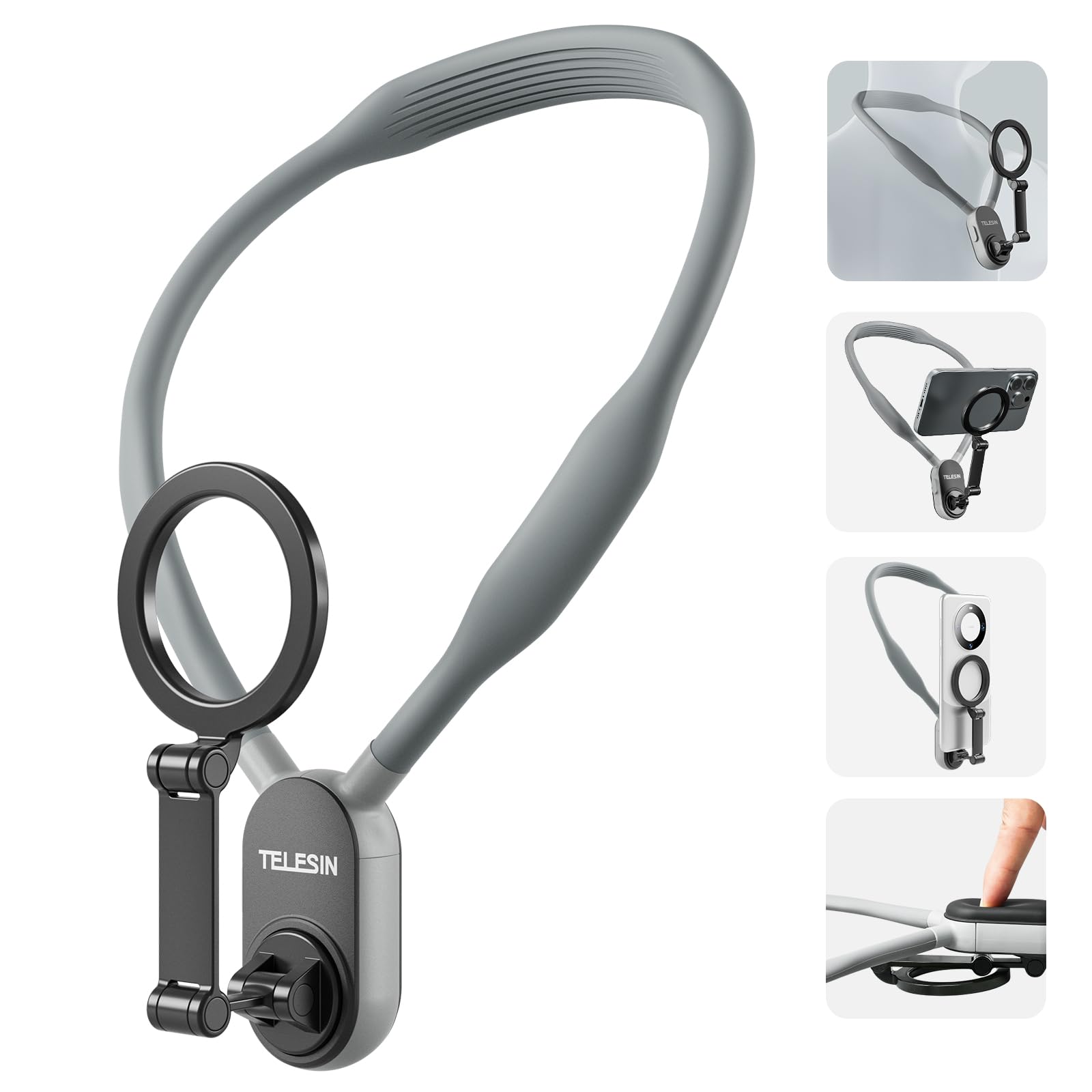 Telesin� Magnetic Neck Mount For Phones, Neck Cell Phone Holder Pov/Vlog Selfie Mount Hand Free Phone Neck Holder Chest Stand Strap Video Recording For Iphone 16 15 14 13 12 Seires Android Phones Gray
