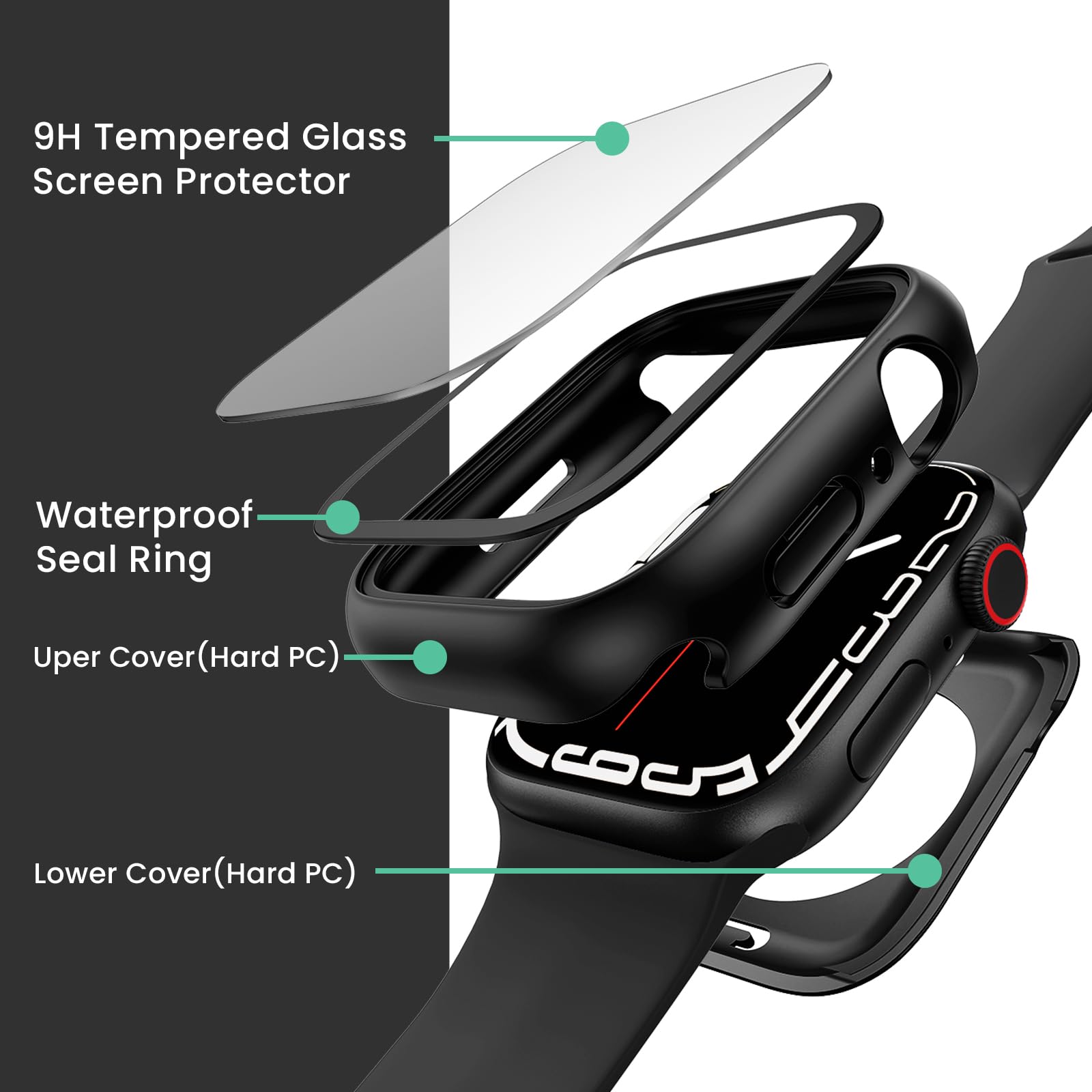 3 In 1 Goton Waterproof Hard Case For Apple Watch Screen Protector 44Mm, 360 Slim Full Protective Tempered Glass Face Cover + Ba