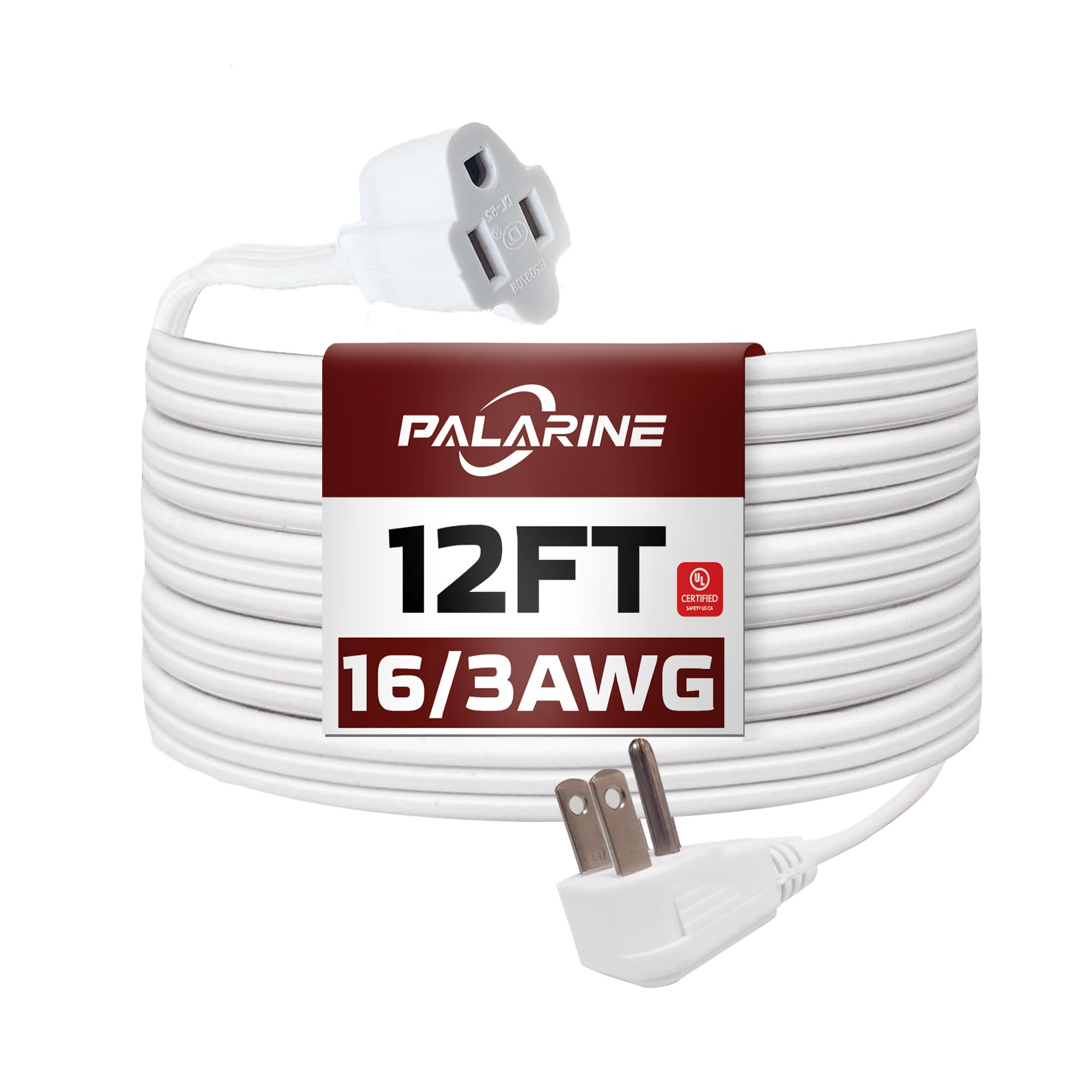 Palarine White Flat Plug Extension Cord 12 Ft, Indoor Extension Cord, 16/3 Spt 3 13A 3 Prong Power Cord For Kitchens, Behind Fur
