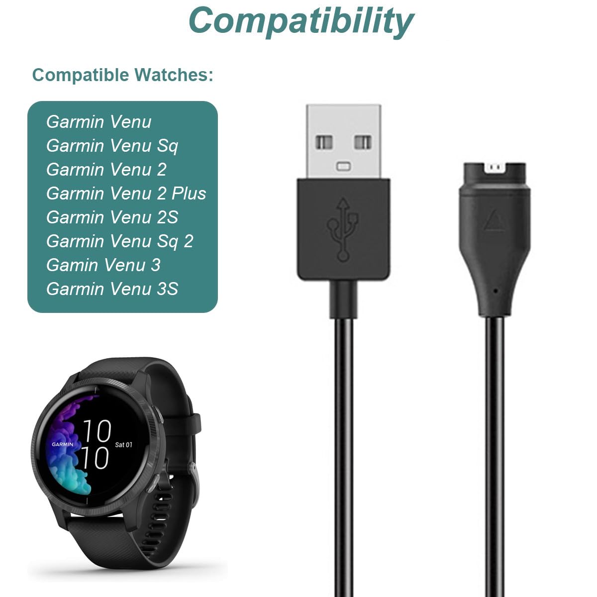Kissmart Charger For Garmin Venu 3/Venu 3S/Venu 2/Venu 2 Plus/Venu 2S/Venu Sq 2/Venu Sq/Venu, Charging Cable Cord Plus A Green C