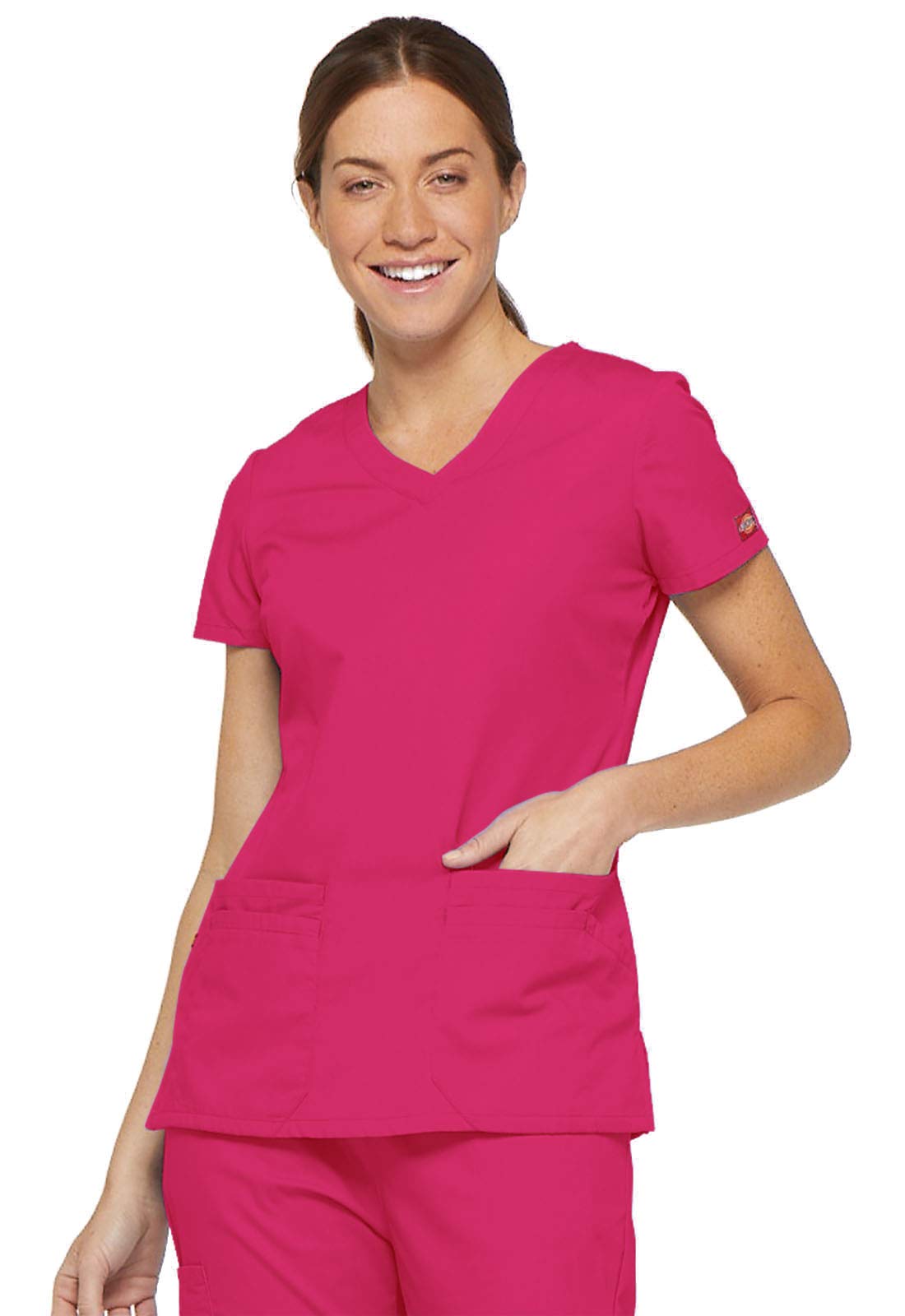 Dickies Womens Signature V Neck Top With Multiple Patch Pockets Medical Scrubs Shirts, Hot Pink, X Large Us