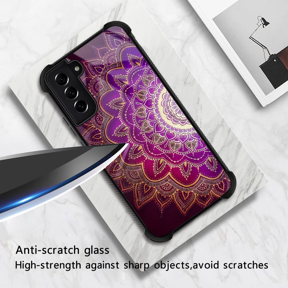 ZHEGAILIAN Phone Case Samsung Galaxy S21 5G Anti-Scratch Shockproof TPU Glass Back Purple Mandala
