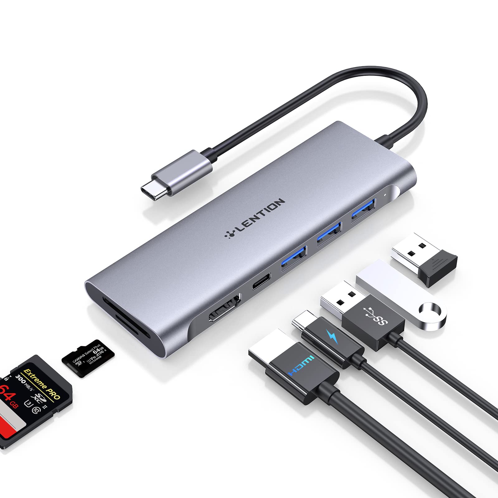 Lention Usb C Multiport Hub With 4K Hdmi, 3 Usb 3.0, Sd/Micro Sd 3.0 Card Reader, 100W Pd Compatible 2023 2016 Macbook Pro, New 