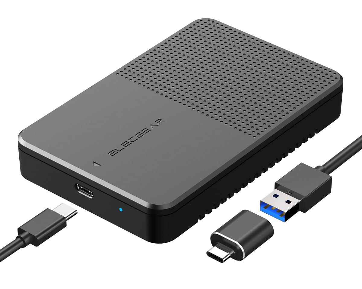 Elecgear Usb C 3.1 Gen2 External Disk Enclosure For 7Mm To 15Mm 2.5 Inch Sata Hard Drive, Portable Caddy Case Converter For Thick And Standard 2.5'' Hdd And Ssd, Type A Cable And Usb C Adapter