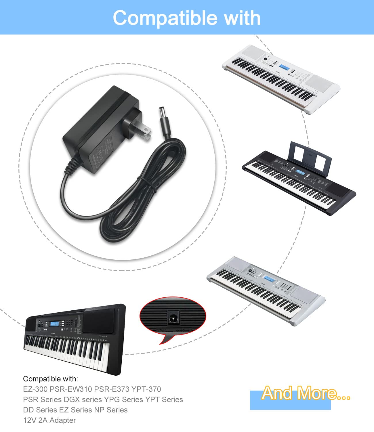 12V Ac Power Adapter Cord Fits For Yamaha Keyboard Psr, Ypg, Ypt, Dgx, Dd, Ez, P Digital Piano And Portable Keyboard Series (Pa1