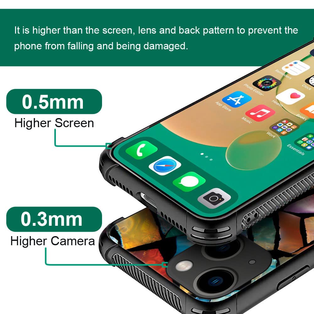 ZHEGAILIAN iPhone 14 Case Stained Glass Mosaic Fiesta Fun Tempered Glass Back Soft Silicone TPU Shock Protective