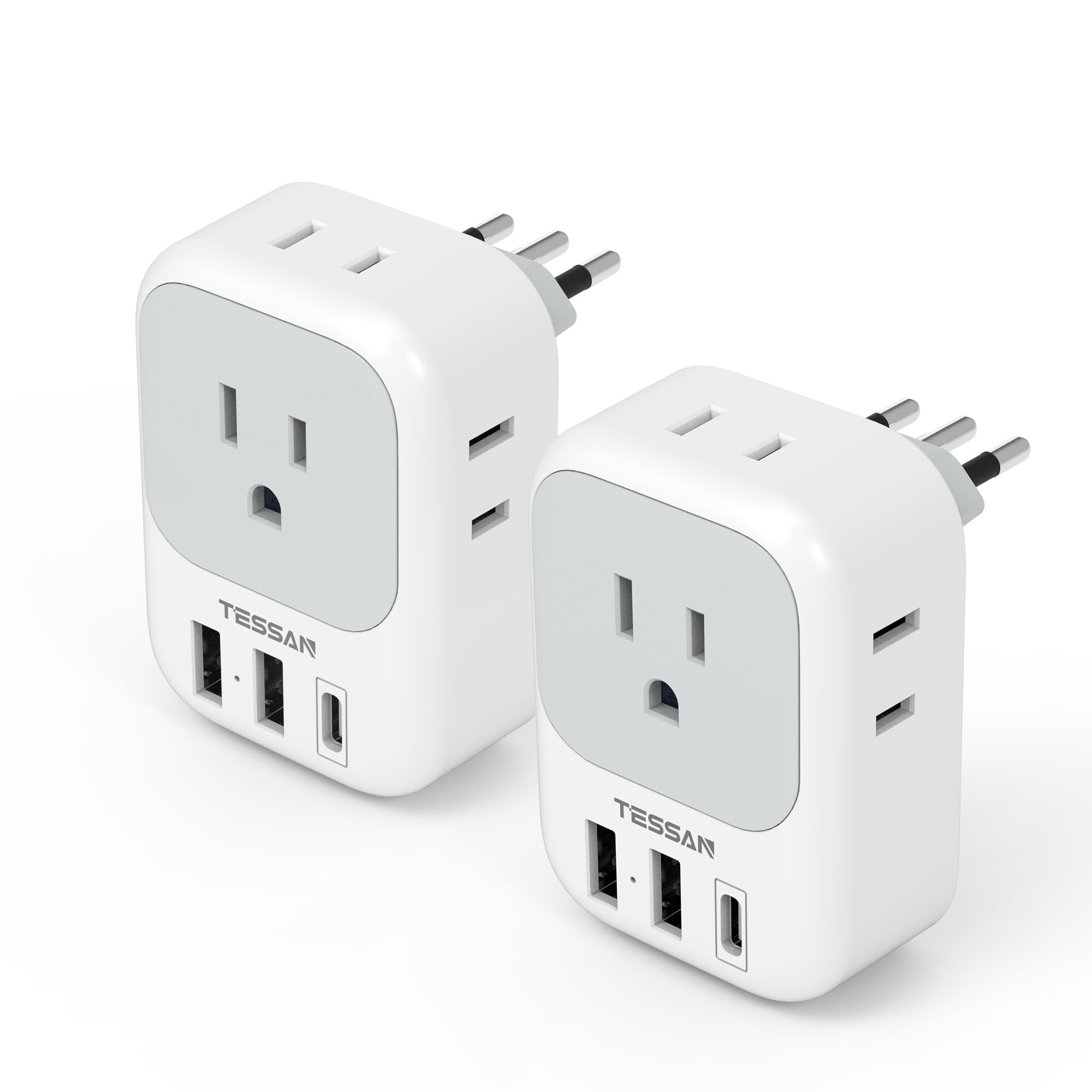 Italy Plug Adapter 2 Pack, Tessan Italy Power Adaptor With 4 Outlets 3 Usb Charger (1 Usb C Port), Type L Adapter For Us To Chil