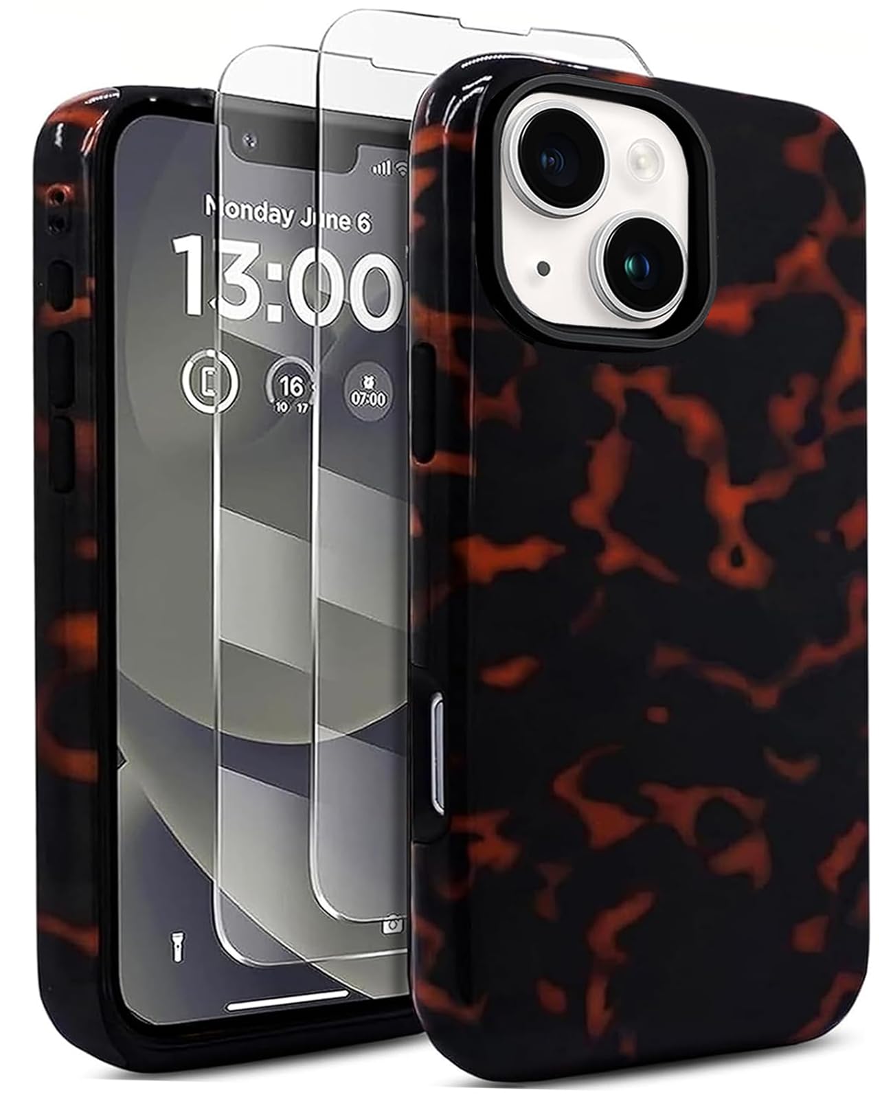 J.west for iPhone 13 Case/iPhone 14 Case 6.1 with 2 Tempered Glass Screen Protectors Vintage Animal Tortoiseshell 2in1 Hybrid Co