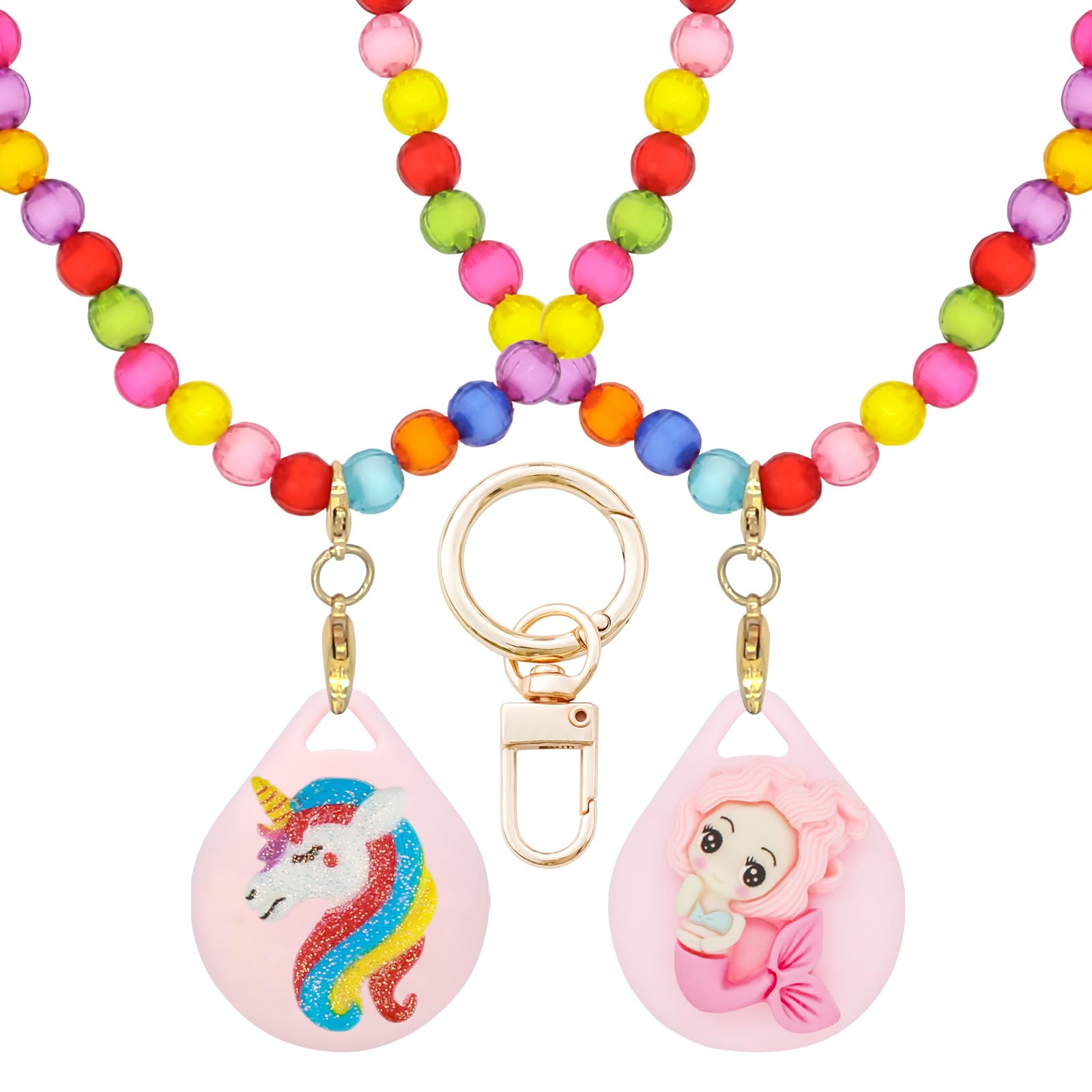 XEEWEN 2 Pack Kids Necklace Holder for Airtag, Cute Mermaid-Unicorn Pink Beaded Necklace Case for Girls -Like New