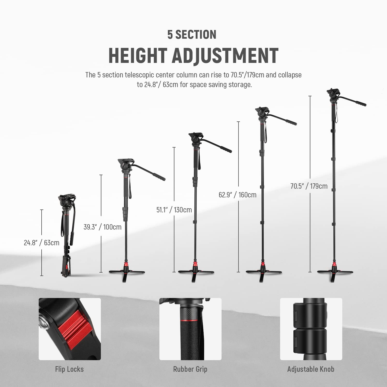 Neewer Professional Camera Monopod With Feet, 70.5''/179Cm Telescopic Portable Aluminum Travel Monopod With Pan Tilt Fluid Head