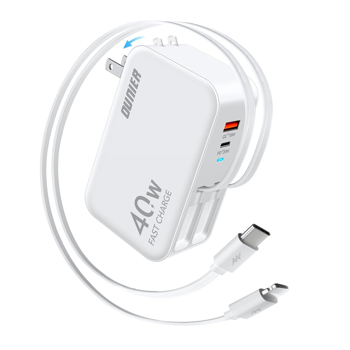 4-In-1 Retractable Wall Charger With Dual Ports And Dual Cables, 40W Fast Charging Usb C Charger Block With Foldable Plug, Porta